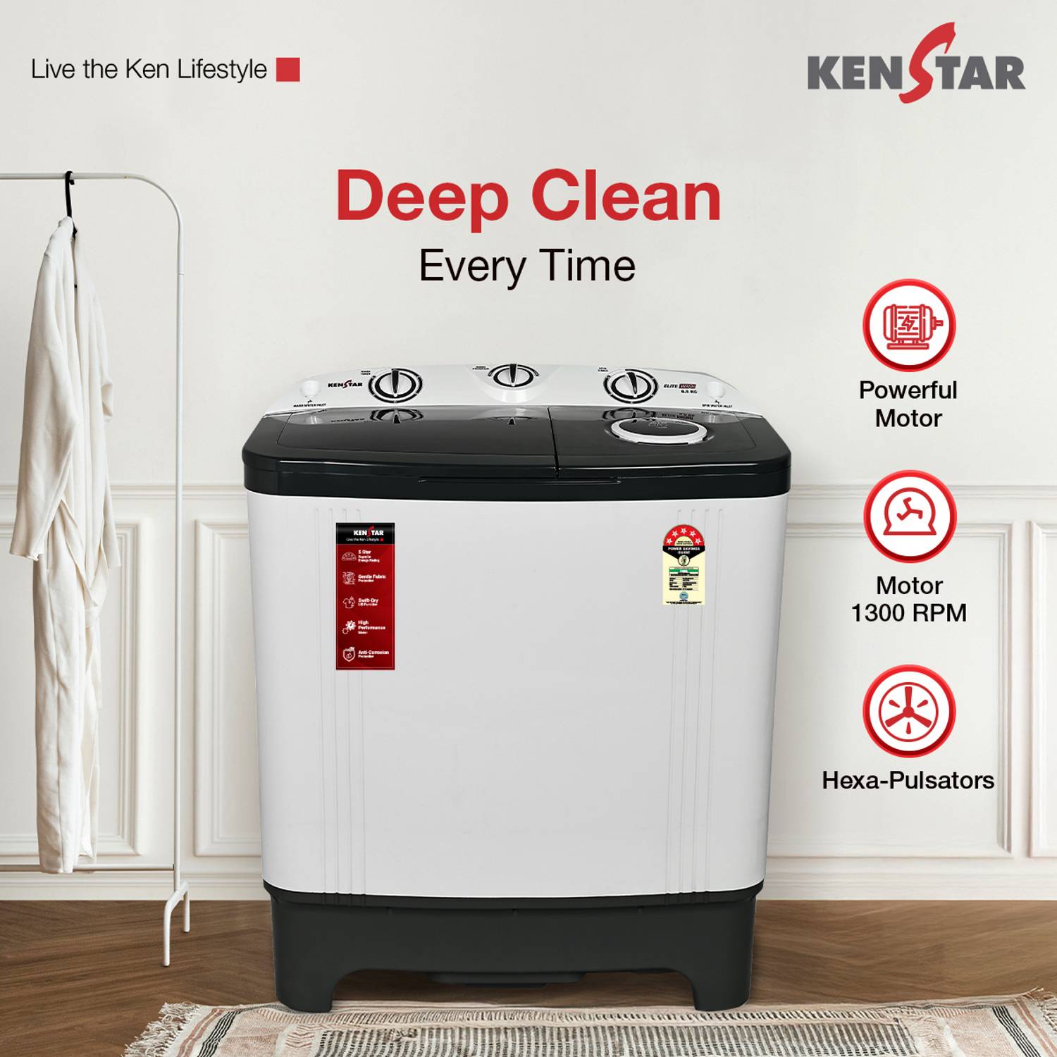 Kenstar 6.5 Kg Swift Dry Lid Semi Automatic Top Load Washing Machine, - Image 3