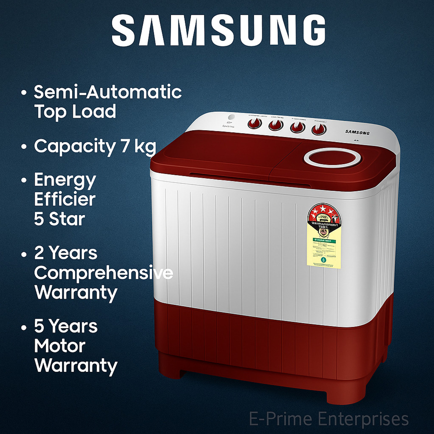 Image of Samsung 7 kg Semi Automatic Top Load Washing Machine Red, White