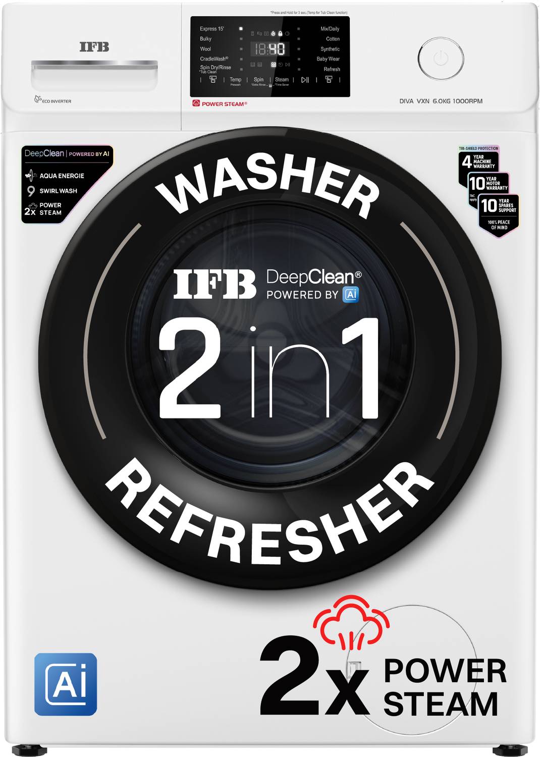 IFB 6 kg with 9 Swirl Wash, 2x Power Steam, 30 Min Steam Refresh Program, Eco Inverter Motor, DeepClean Powered by Ai Fully Automatic Front Load Washing Machine with In-built Heater White, Black