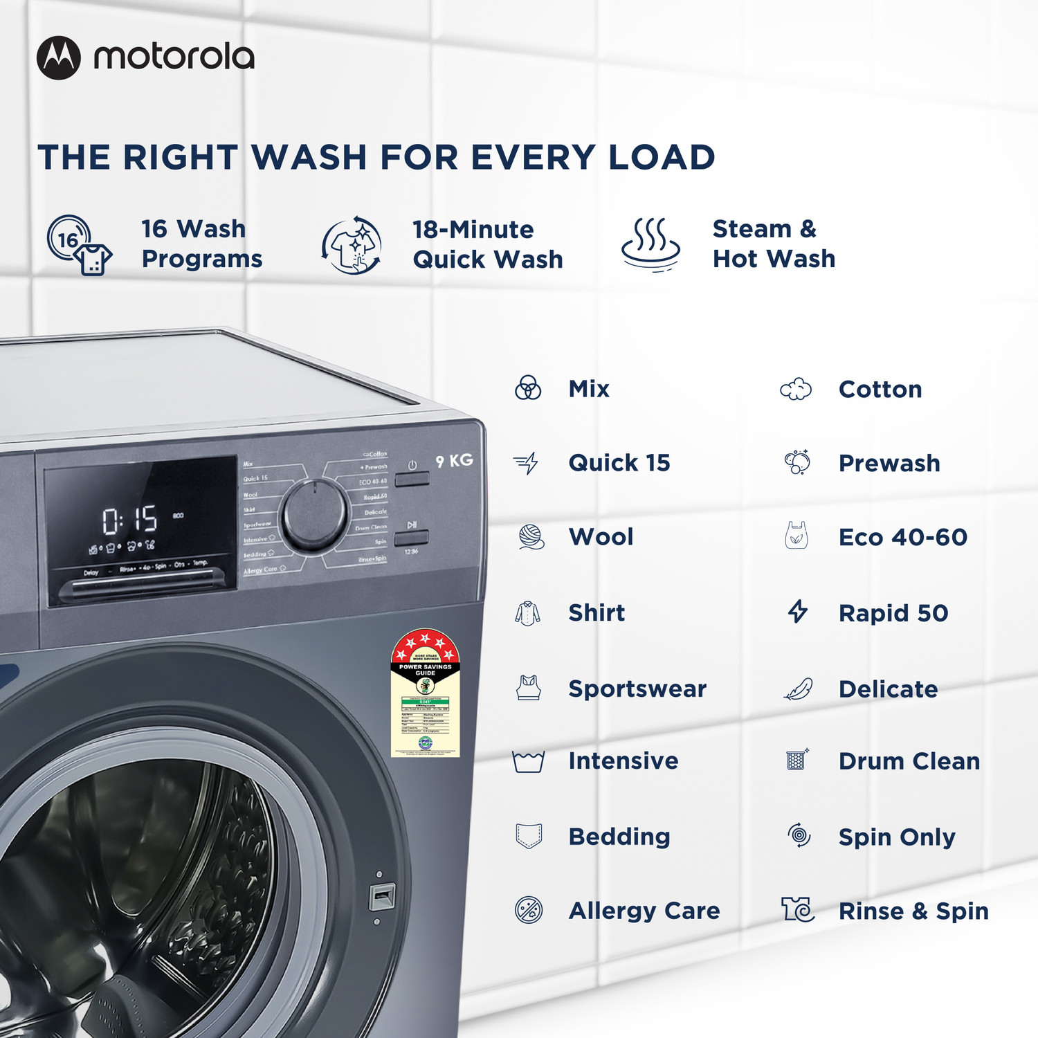 Image of MOTOROLA 9 kg Fully Automatic Front Load Washing Machine with In-built Heater Blue