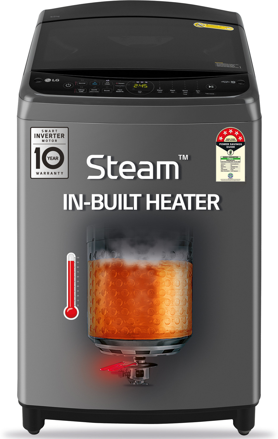 Image of LG 9 kg 5 Star, AI Direct Drive Technology, 6 Motion Direct Drive, Steam Fully Automatic Top Load Washing Machine with In-built Heater Black, Grey
