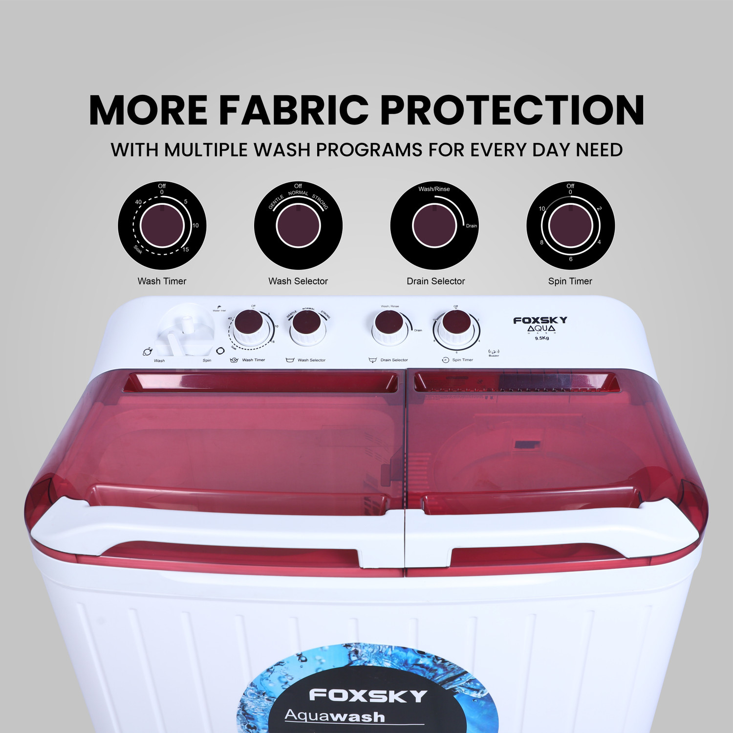 Image of FOXSKY 9.5 kg Semi Automatic Top Load Washing Machine Maroon, White