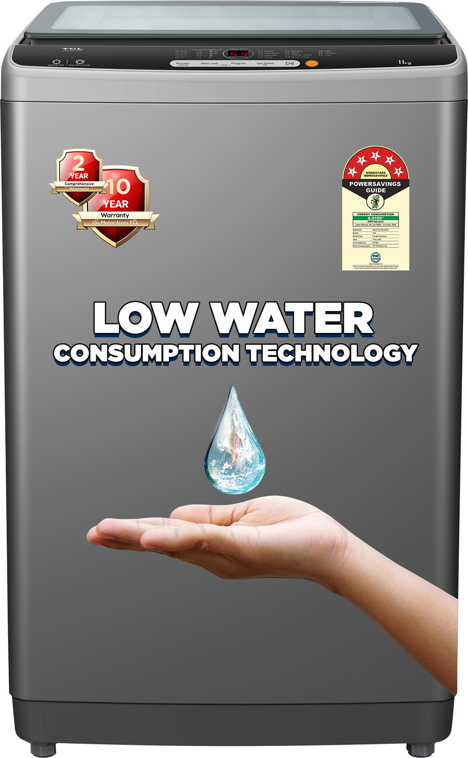 Image of TCL 9.5 kg 8 Wash Program Magic Filter, Powerful Dispenser with Full Glass Damping Lid Fully Automatic Top Load Washing Machine Grey