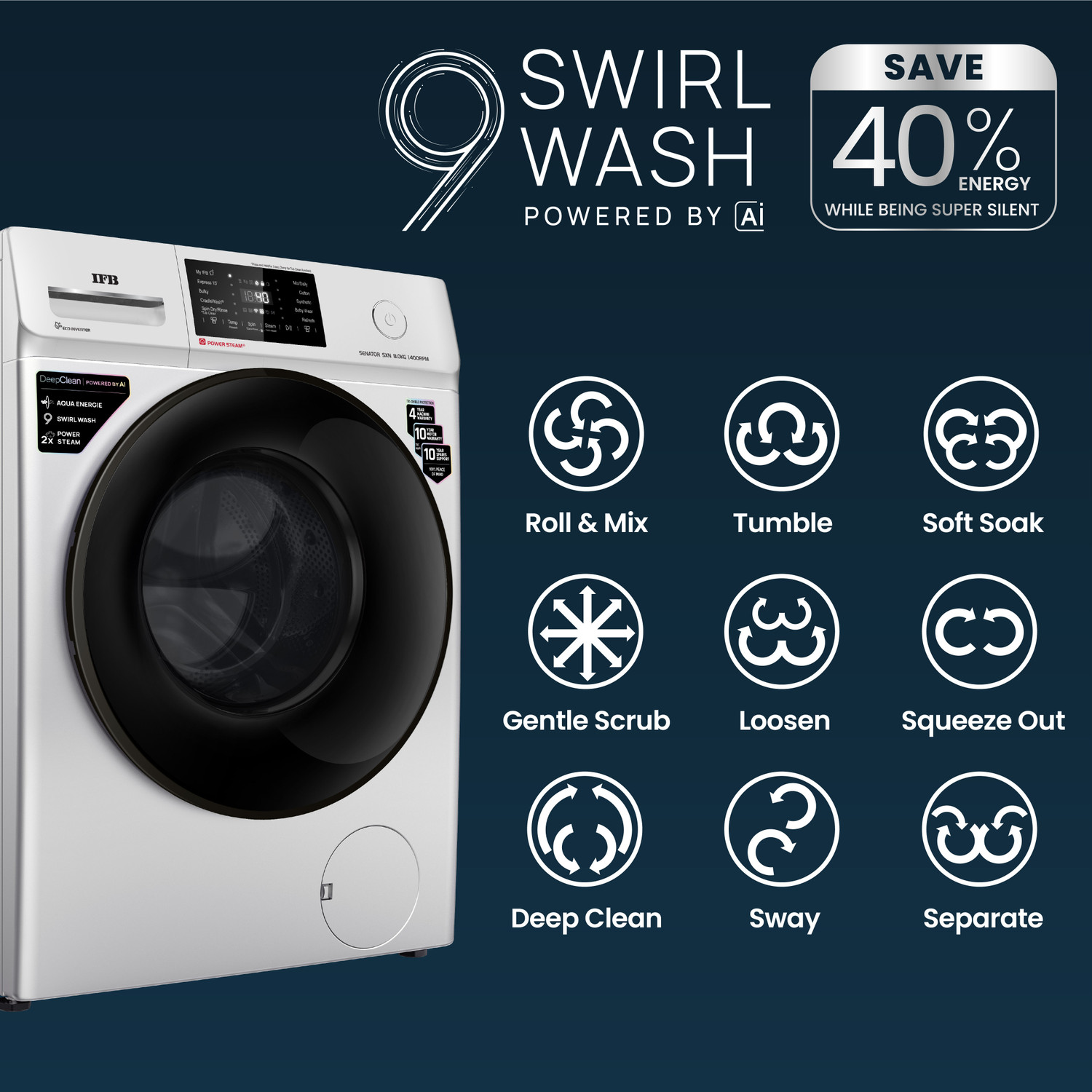 Image of IFB 8 kg 5 Star with Steam Refresh program, 9 Swirl Wash, Eco Inverter, Touch Panel with AI Fully Automatic Front Load Washing Machine with In-built Heater Silver