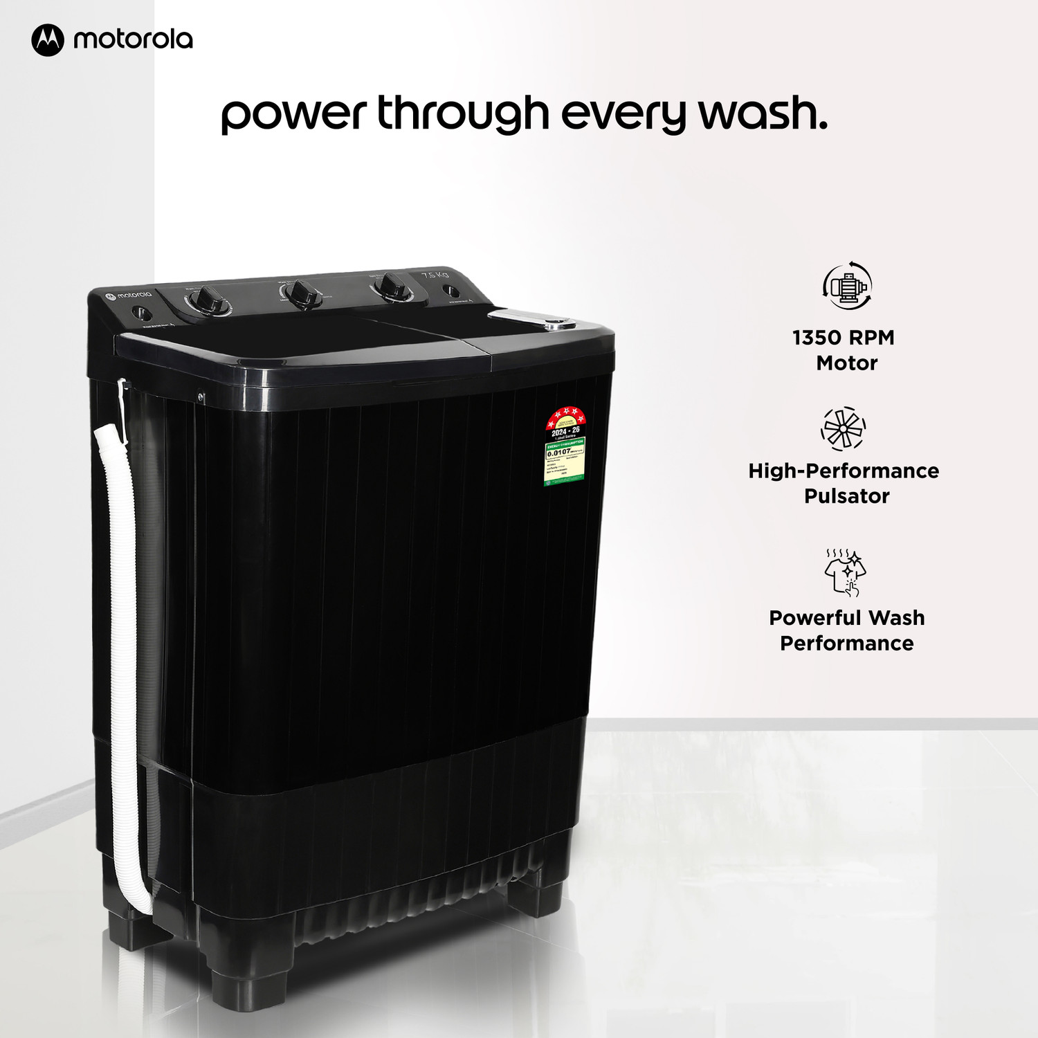 Image of MOTOROLA 7.5 kg Semi Automatic Top Load Washing Machine Black