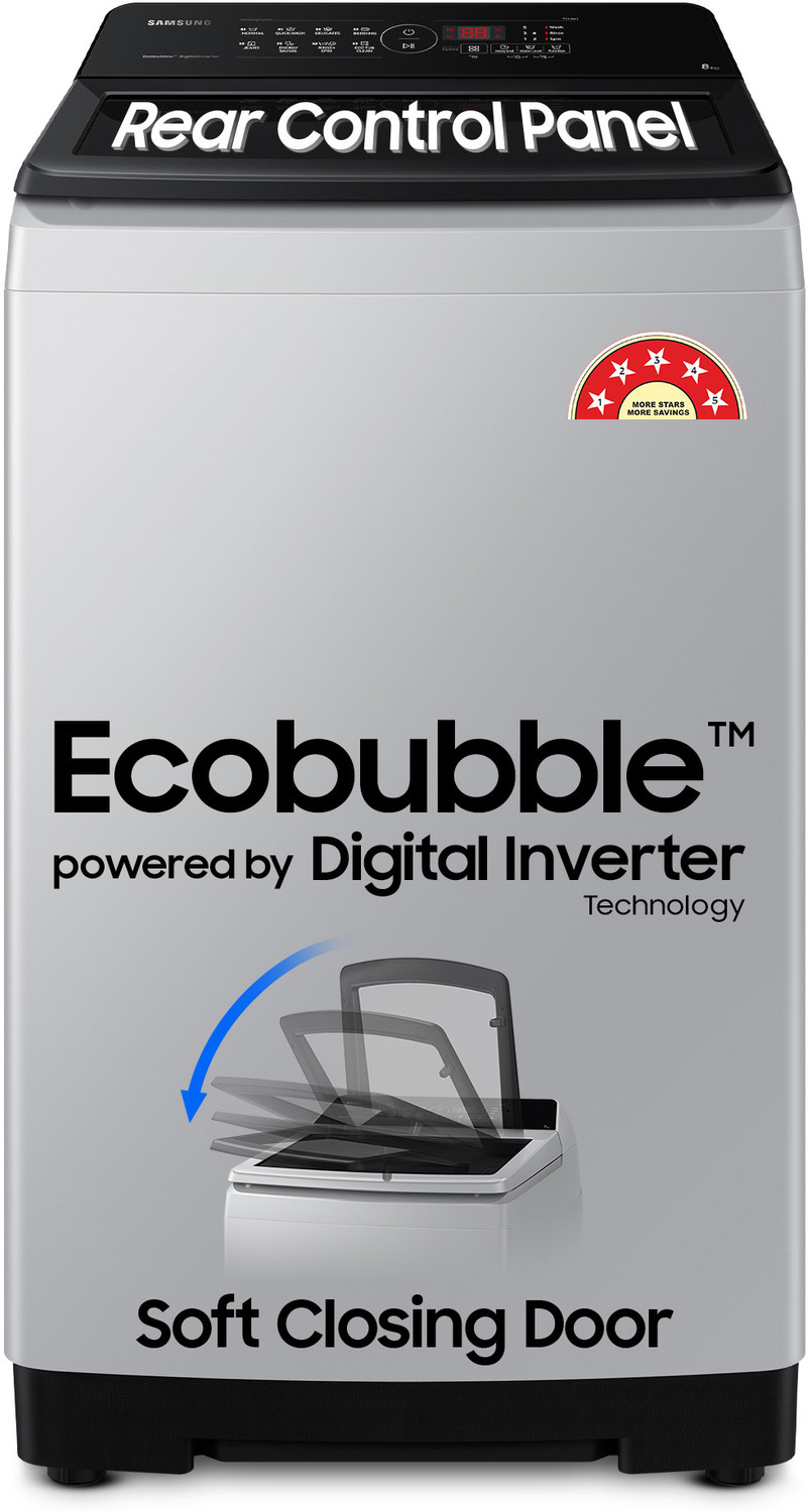 Image of Samsung 8 kg 5 star, Ecobubble, Soft Closing Door, Digital Inverter Fully Automatic Top Load Washing Machine Grey