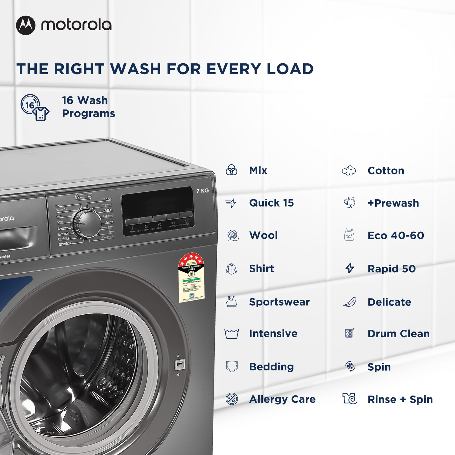 Image of MOTOROLA 7 kg Fully Automatic Front Load Washing Machine with In-built Heater Grey