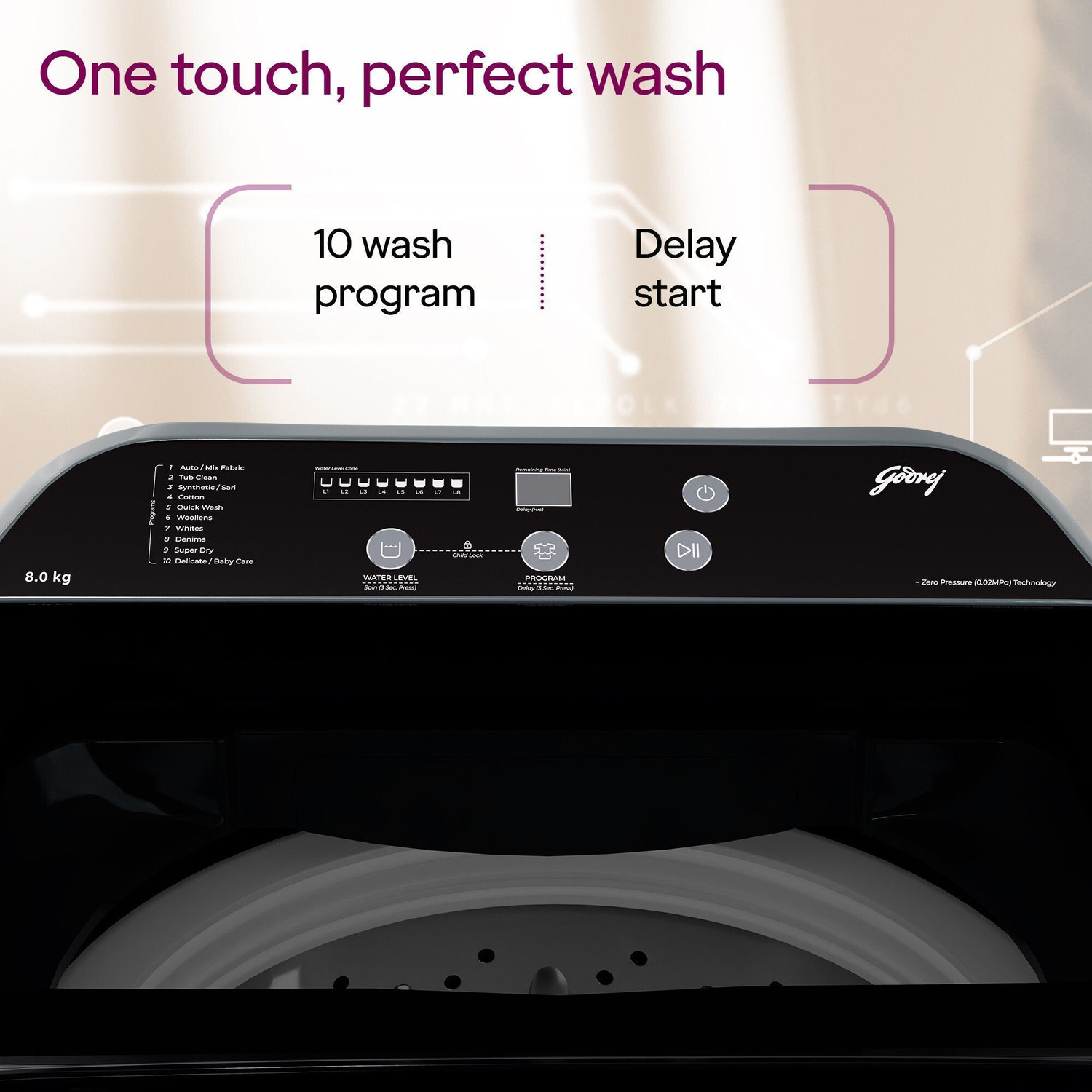 Image of Godrej 8 kg With AI Tech And Zero Pressure (0.02 MPa) Technology With Steel Drum Fully Automatic Top Load Washing Machine Grey, Black