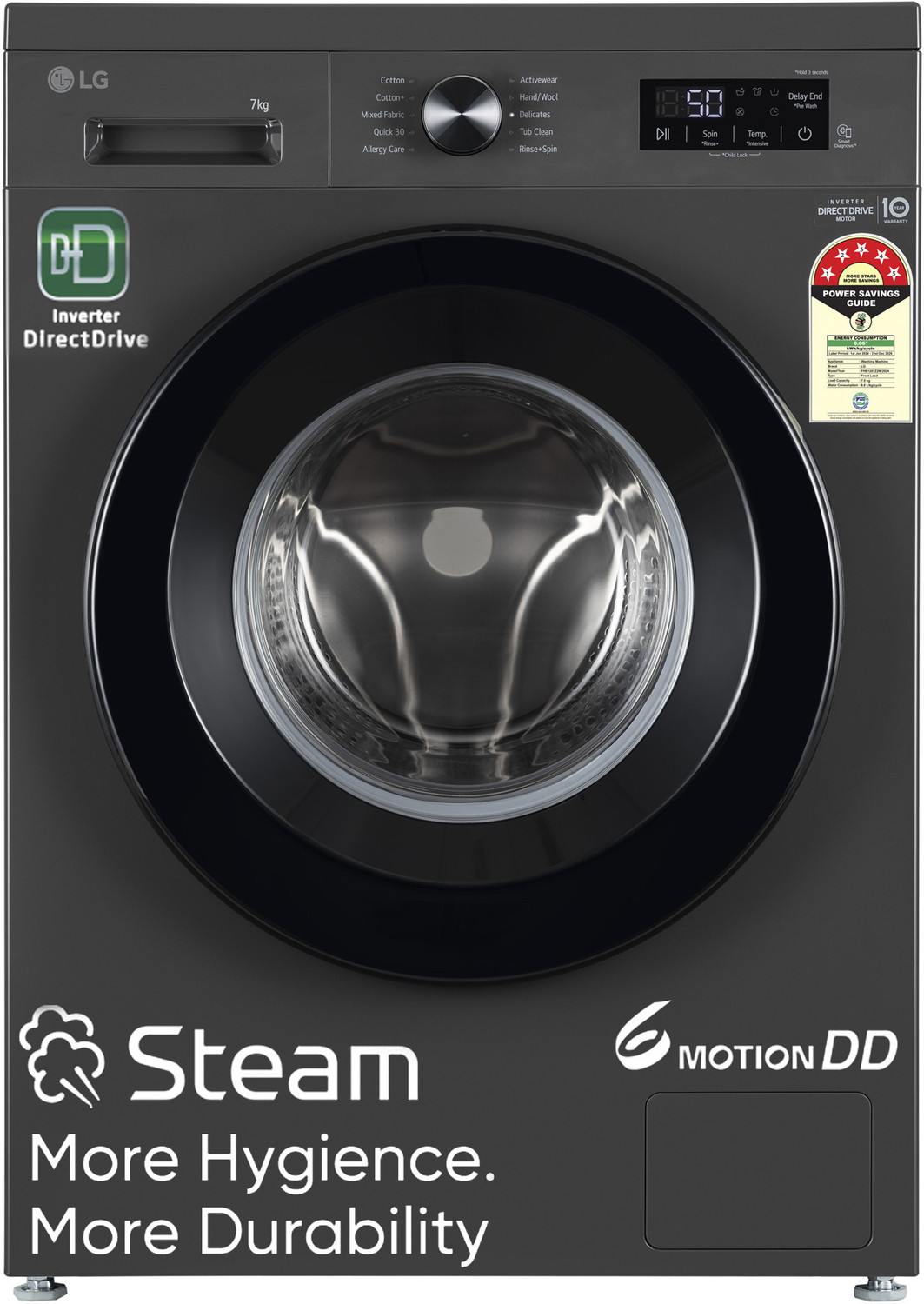 Image of LG 7 kg 5 Star, Inverter Direct Drive Technology, 6 Motion DD, Reduce germs & allergens with steam cycles, In-built Heater & Touch Panel Fully Automatic Front Load Washing Machine with In-built Heater Black, Grey
