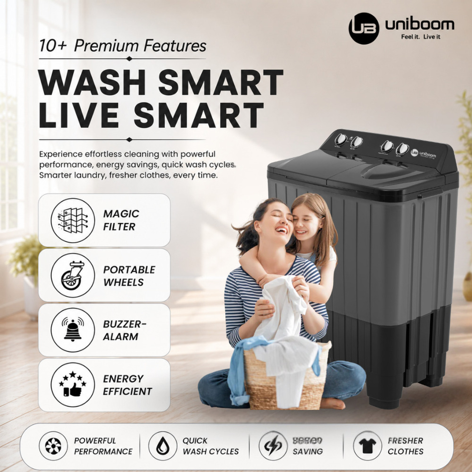 Image of Uniboom 8 kg Ultra Wash | Jet Dryer | Portable Wheels | Buzzer | Sleek Design | Magic Filter | Heavy Duty Motor Semi Automatic Top Load Washing Machine Grey, Black