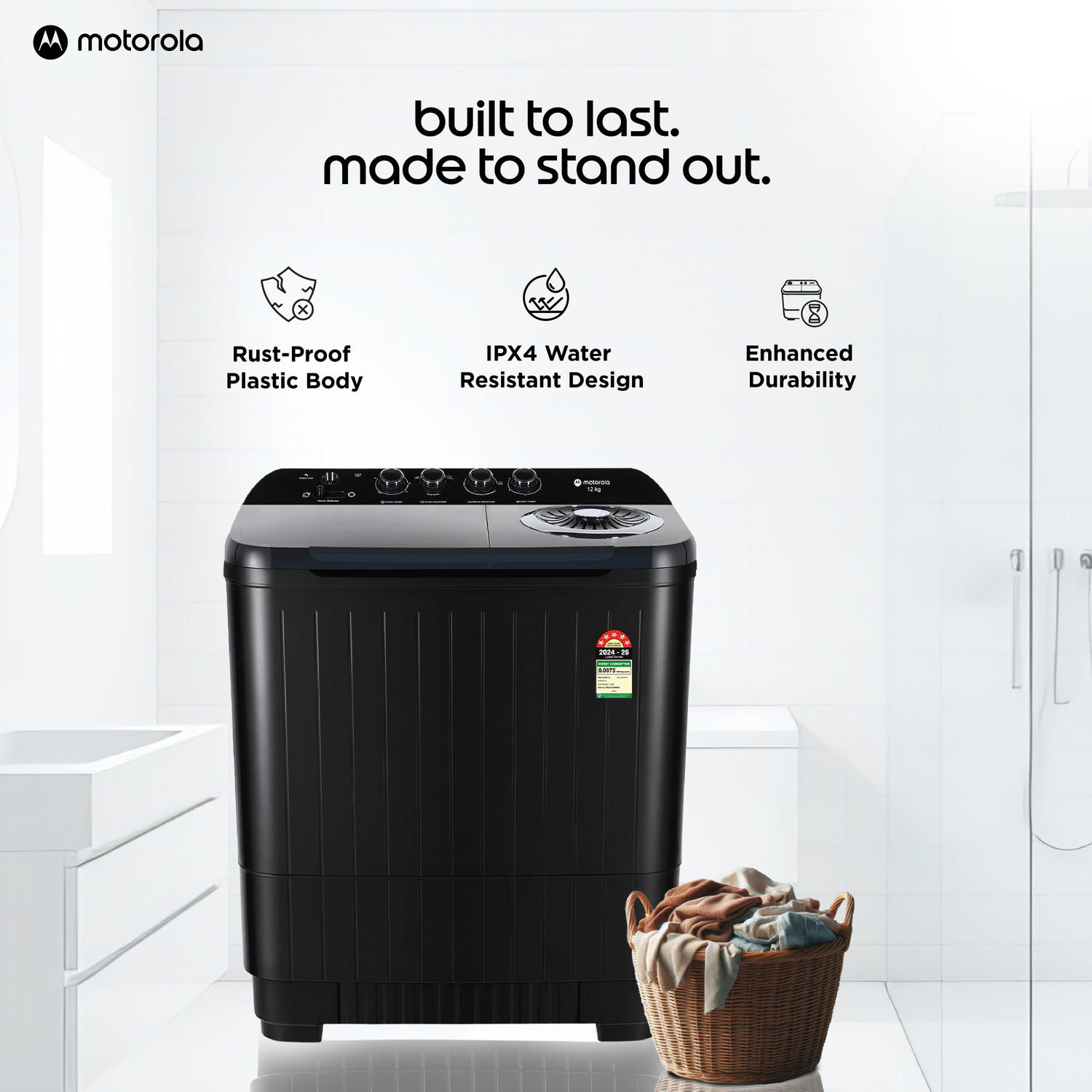 Image of MOTOROLA 12 kg Semi Automatic Top Load Washing Machine Black