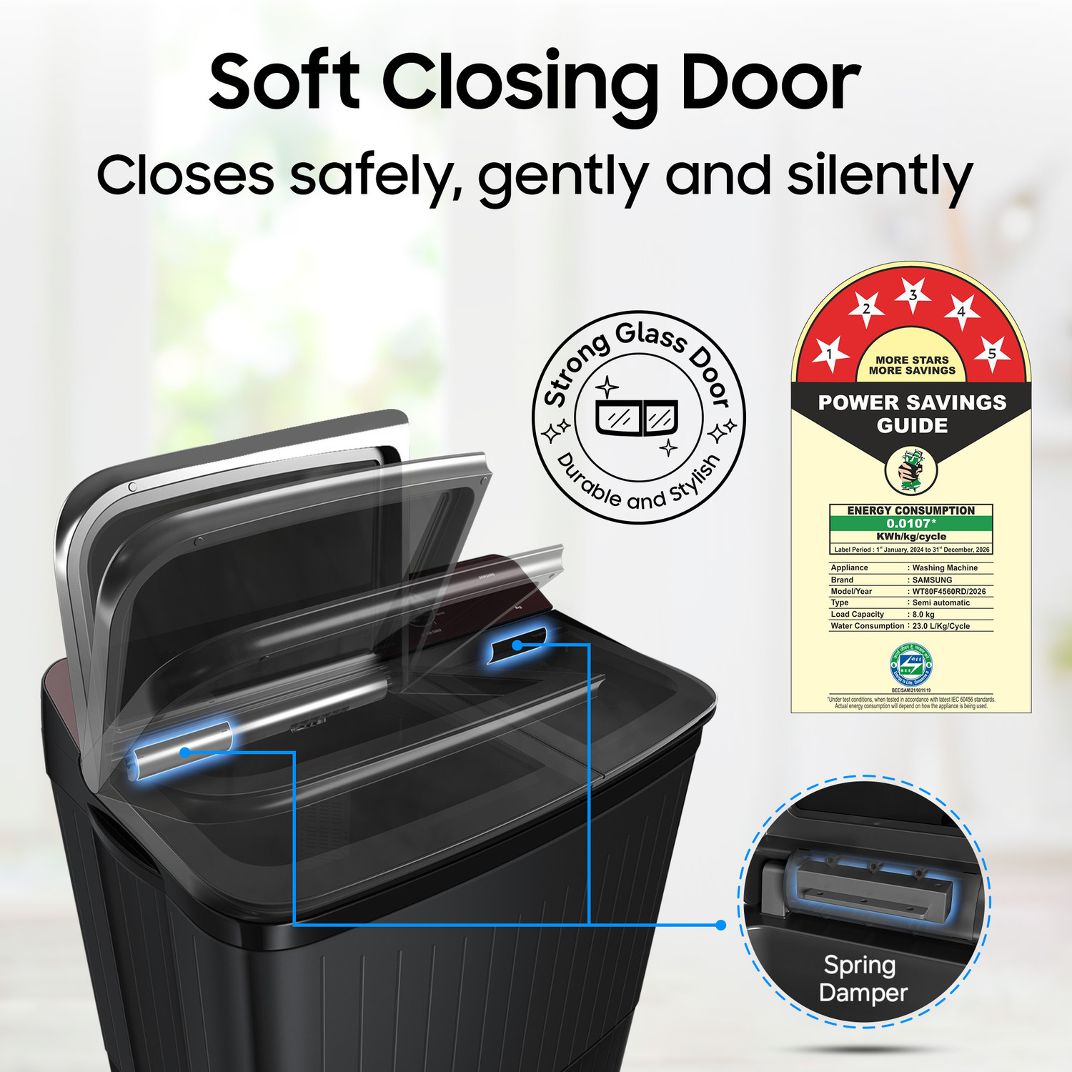 Image of Samsung 8 kg 5 Star, Soft Closing Door, Hexa Strom Pulsator Semi Automatic Top Load Washing Machine Grey