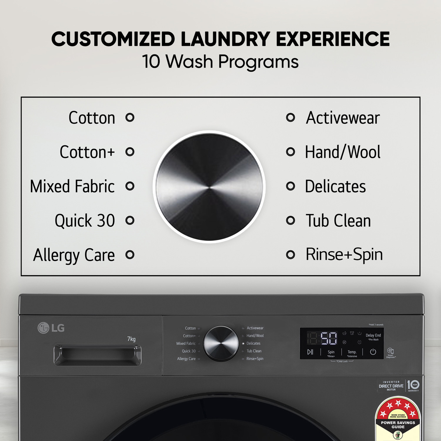 Image of LG 7 kg 5 Star, Inverter Direct Drive Technology, 6 Motion DD, Reduce germs & allergens with steam cycles, In-built Heater & Touch Panel Fully Automatic Front Load Washing Machine with In-built Heater Black, Grey