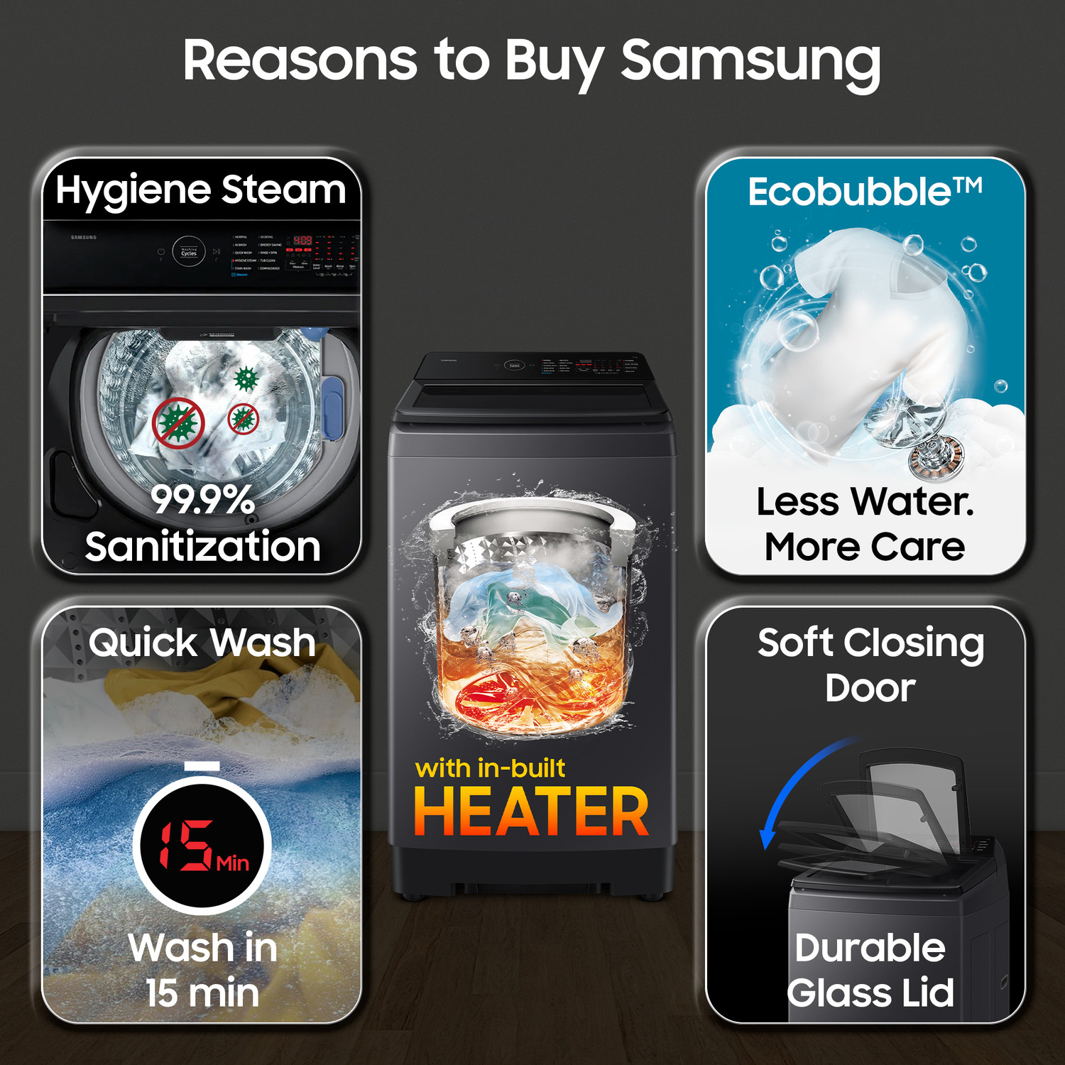 Image of Samsung 8 kg 5 Star, Hygiene Steam, Ecobubble, Quick Wash, Soft Closing Door, Digital Inverter,Stainwash, Deep Charcoal Fully Automatic Top Load Washing Machine with In-built Heater Black