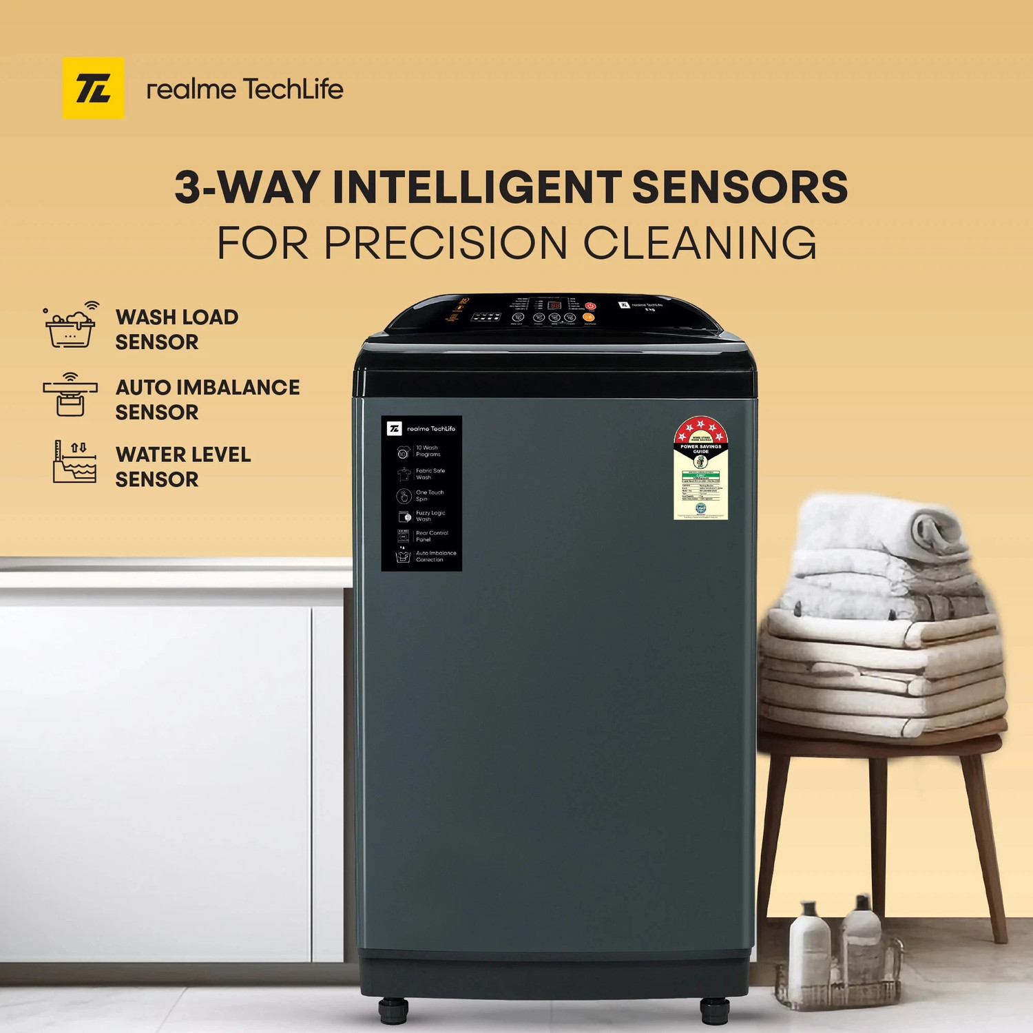 Image of realme TechLife 8 kg Soft closing Glass lid Fully Automatic Top Load Washing Machine with In-built Heater Black, Grey