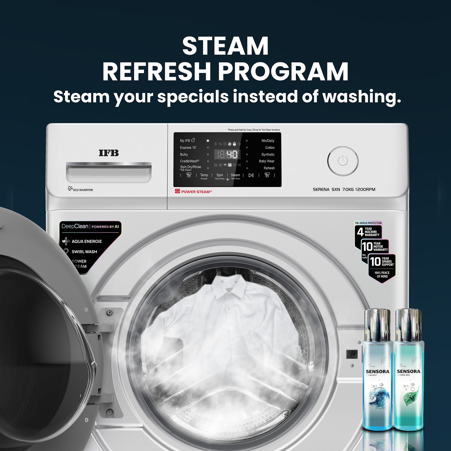 Image of IFB 7 kg 5 Star with Steam Refresh program, 9 Swirl Wash, Eco Inverter, Powered by AI with Wifi Fully Automatic Front Load Washing Machine with In-built Heater Silver