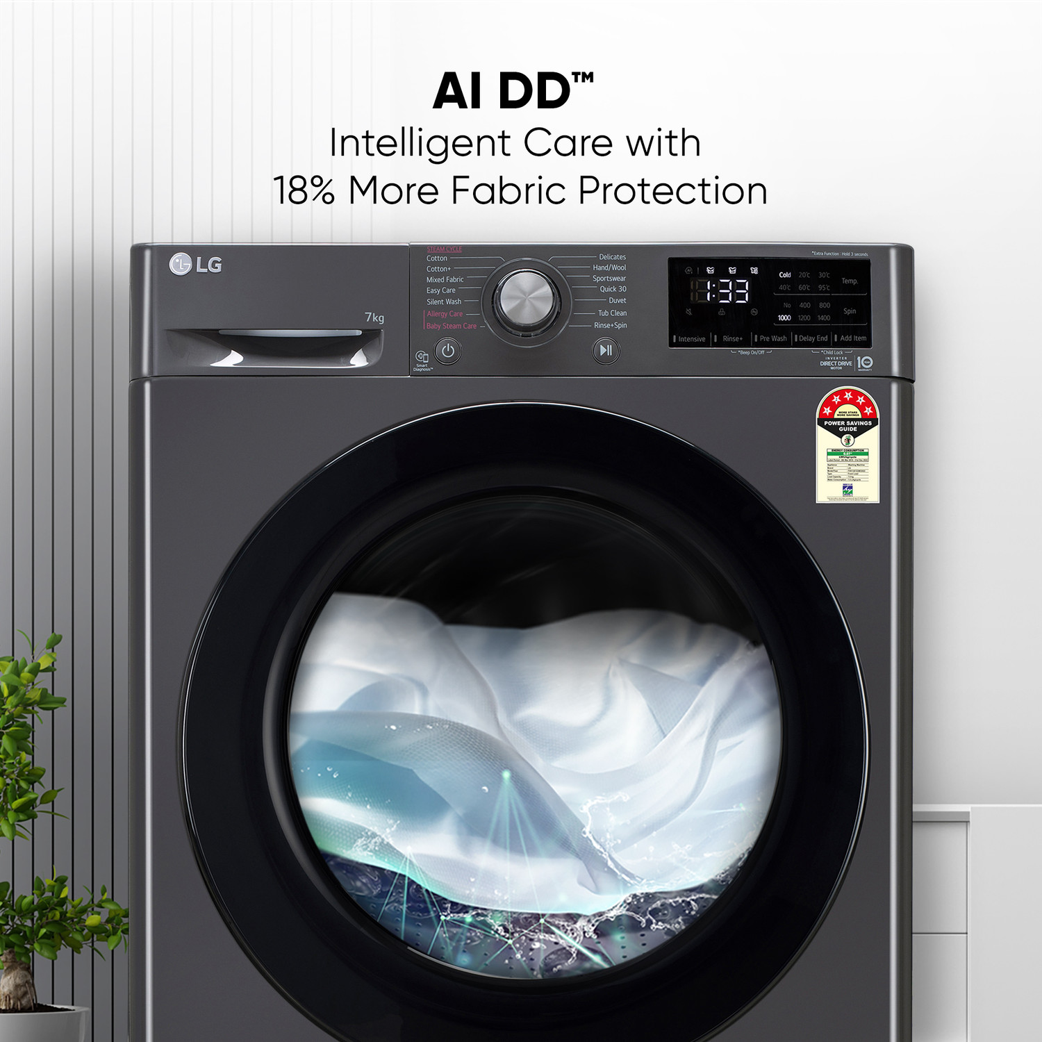 Image of LG 7 kg AI Direct Drive Technology Fully Automatic Front Load Washing Machine with In-built Heater Black, Grey