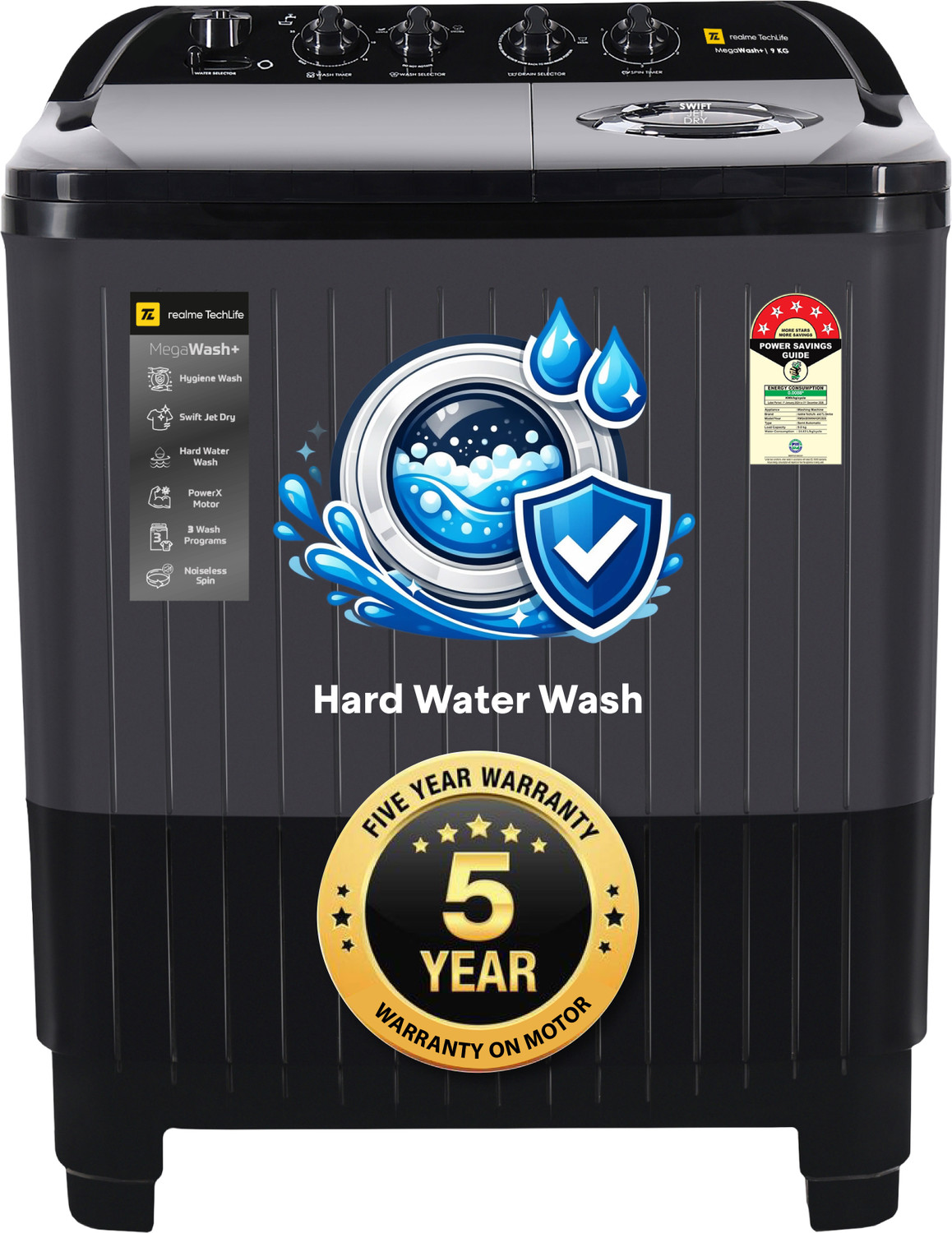 Image of realme TechLife 9 kg Semi Automatic Top Load Washing Machine Black, Grey