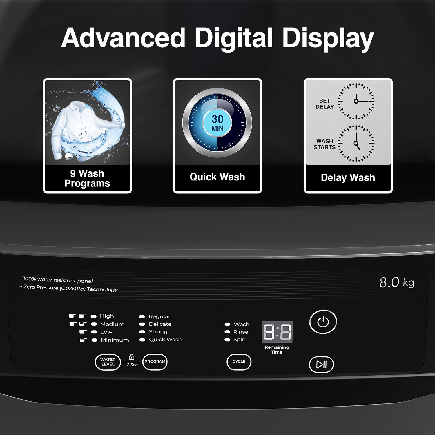 Image of Godrej 8 kg 5 Star Zero Pressure Technology With Roller Coaster Wash and Advanced Digital Display Fully Automatic Top Load Washing Machine Grey