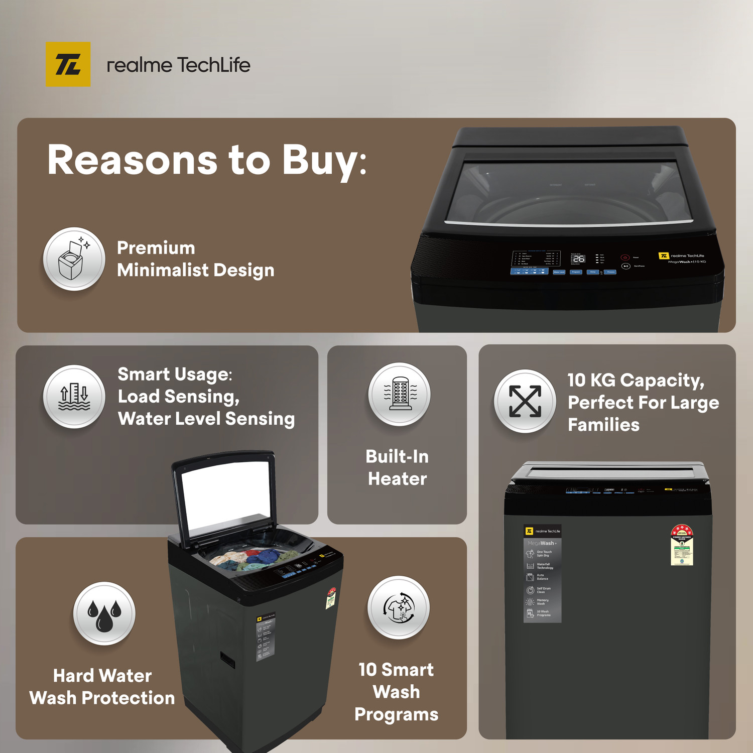 Image of realme TechLife 10 kg Fully Automatic Top Load Washing Machine with In-built Heater Grey