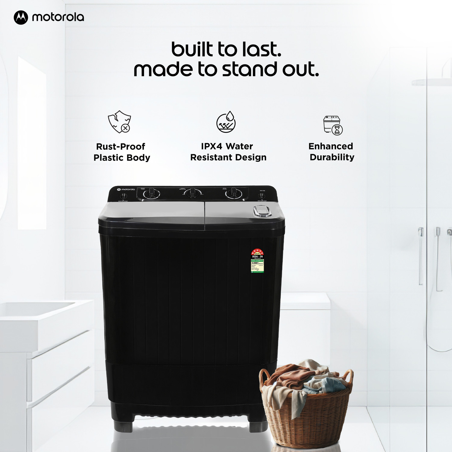 Image of MOTOROLA 8 kg Semi Automatic Top Load Washing Machine Black