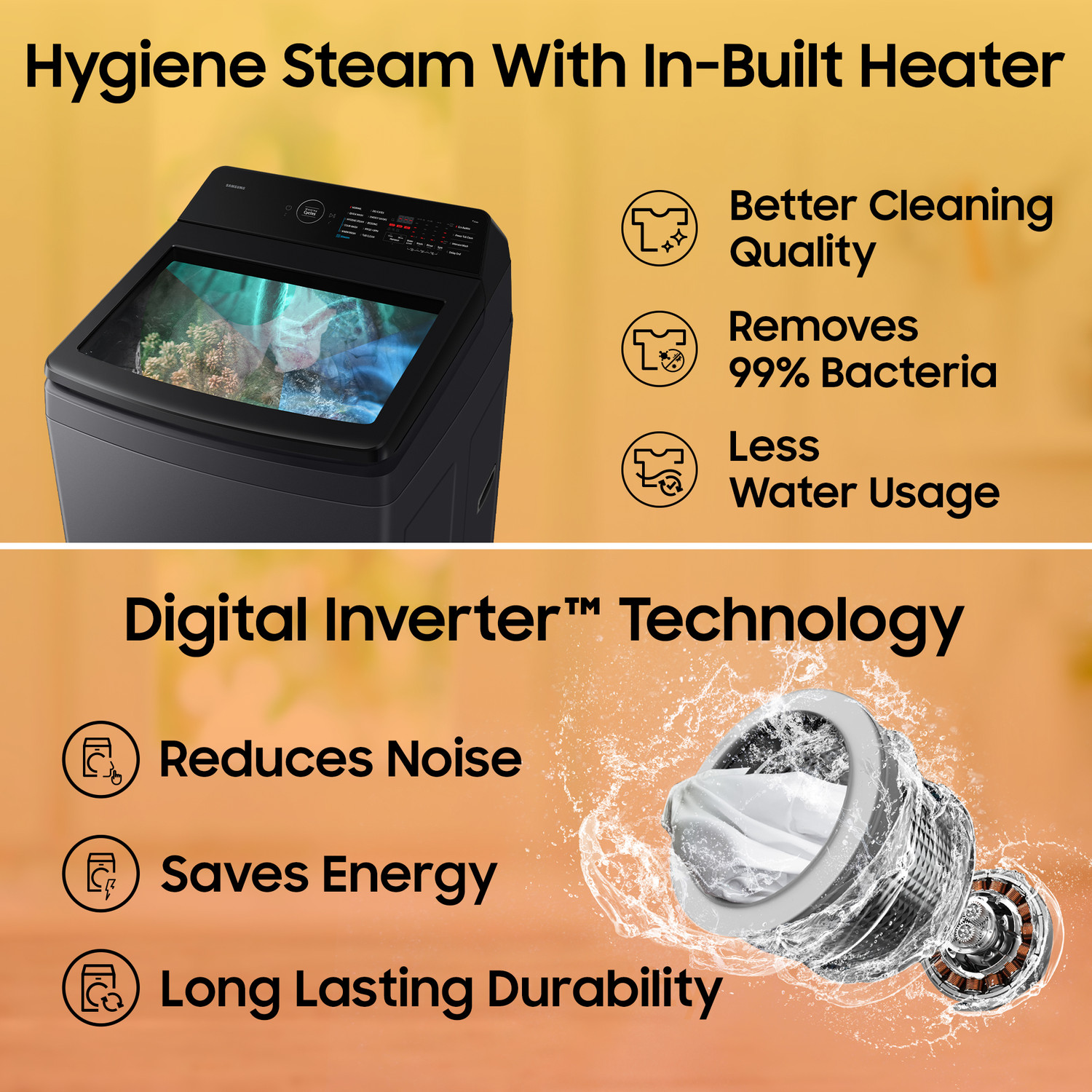 Image of Samsung 8 kg 5 Star, Hygiene Steam, Ecobubble, Quick Wash, Soft Closing Door, Digital Inverter,Stainwash, Deep Charcoal Fully Automatic Top Load Washing Machine with In-built Heater Black