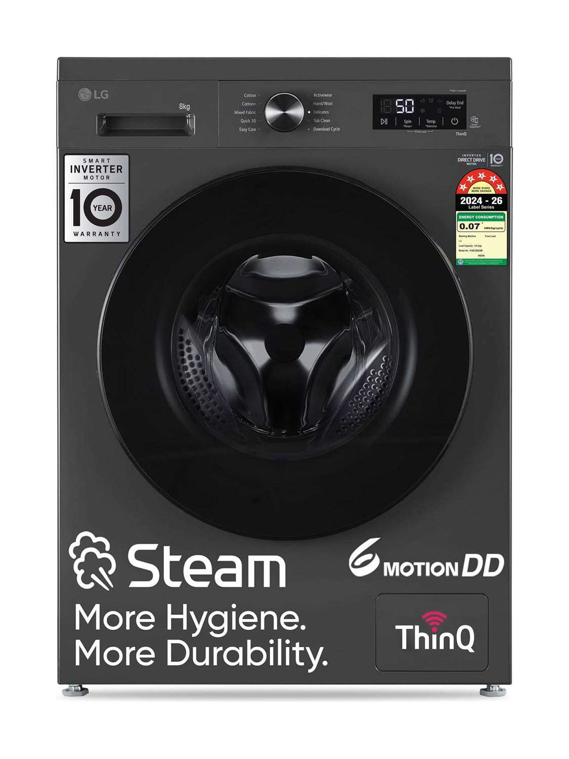LG 8 kg 5 Star Front Load Washing Machine, Grey - Image 1