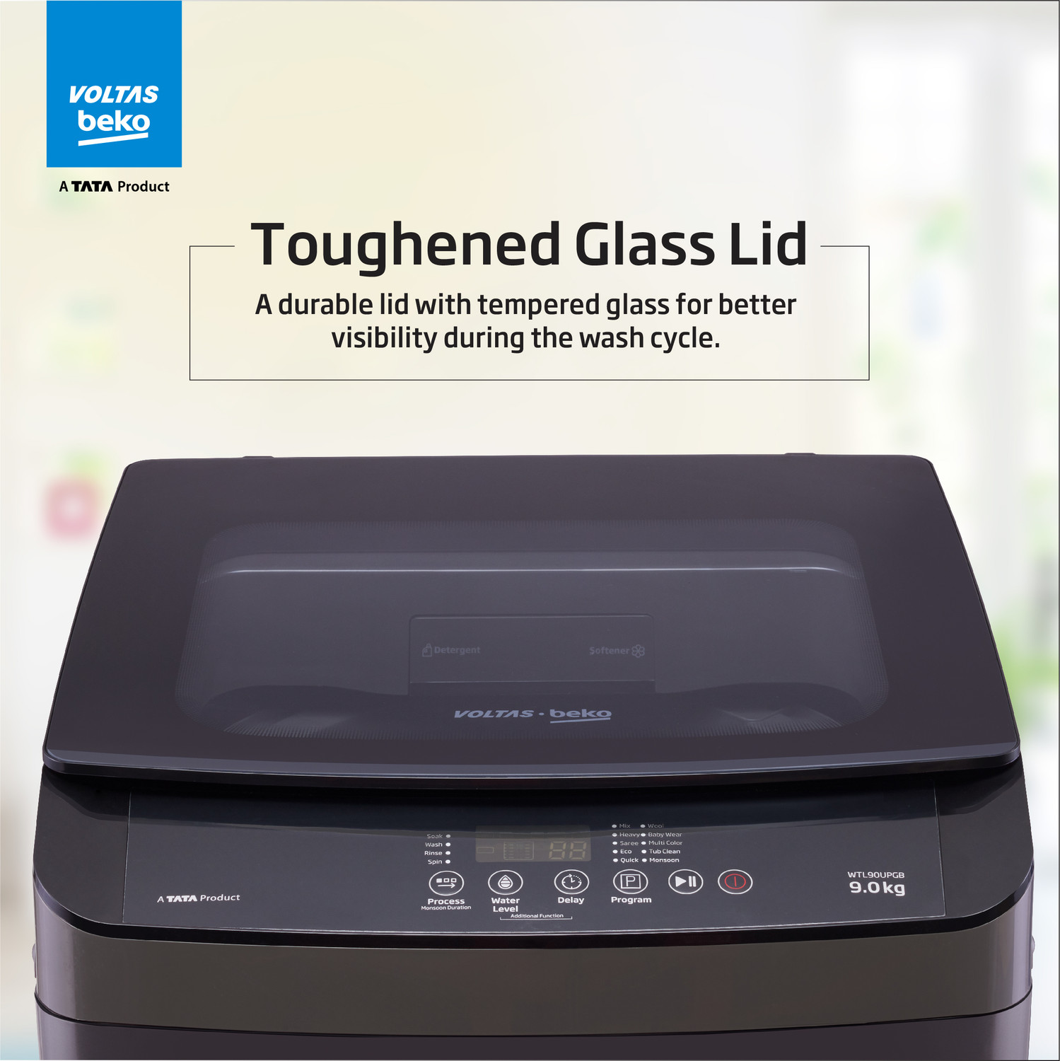 Image of Voltas Beko by A Tata Product 9 kg with Double waterfall, Multiple Wash Program, Waterproof IPX4 panel and Monsoon Dry option Fully Automatic Top Load Washing Machine Black, Grey