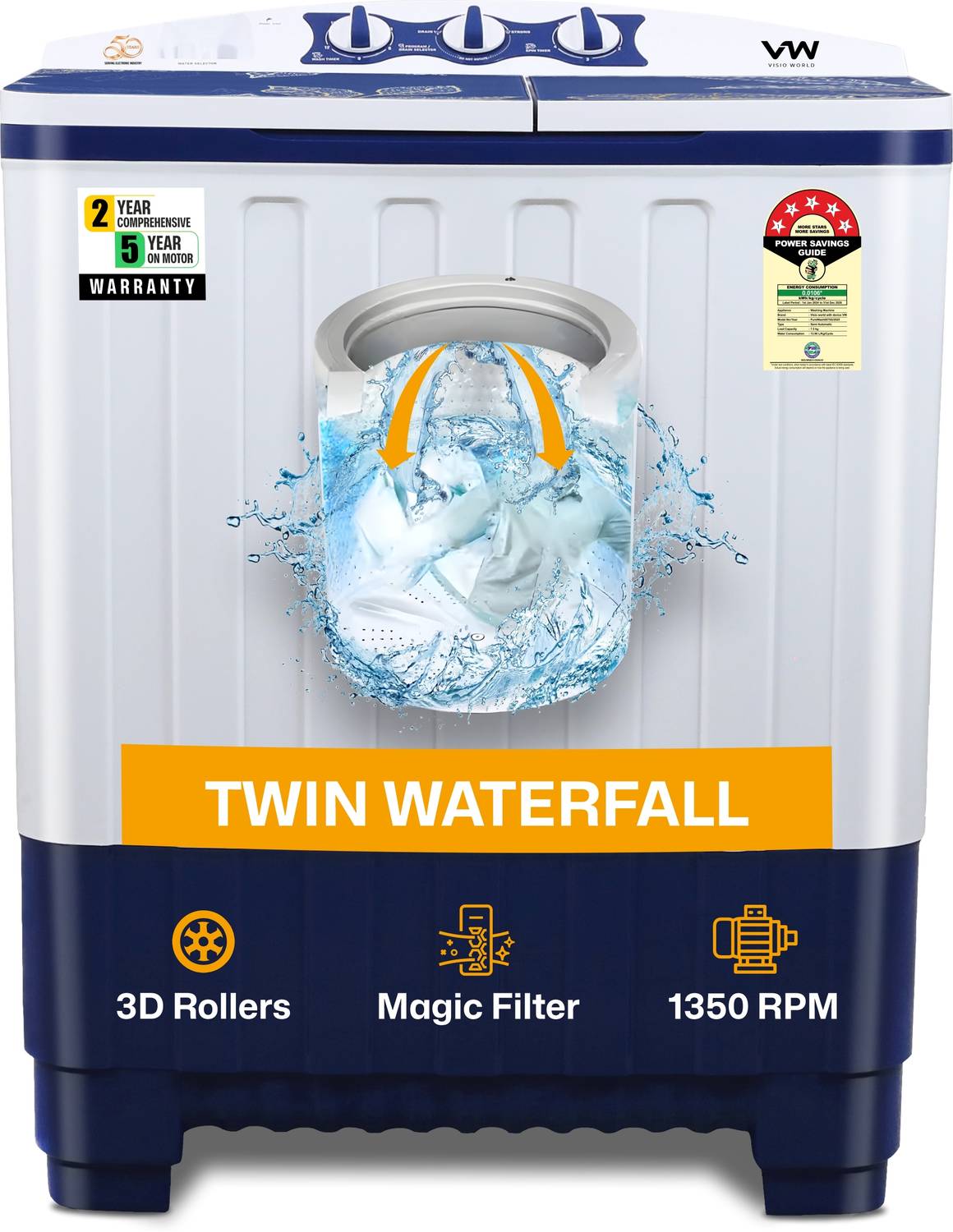 VW 7.5 kg Semi Automatic Top Load White, Blue (PureWash0075G)