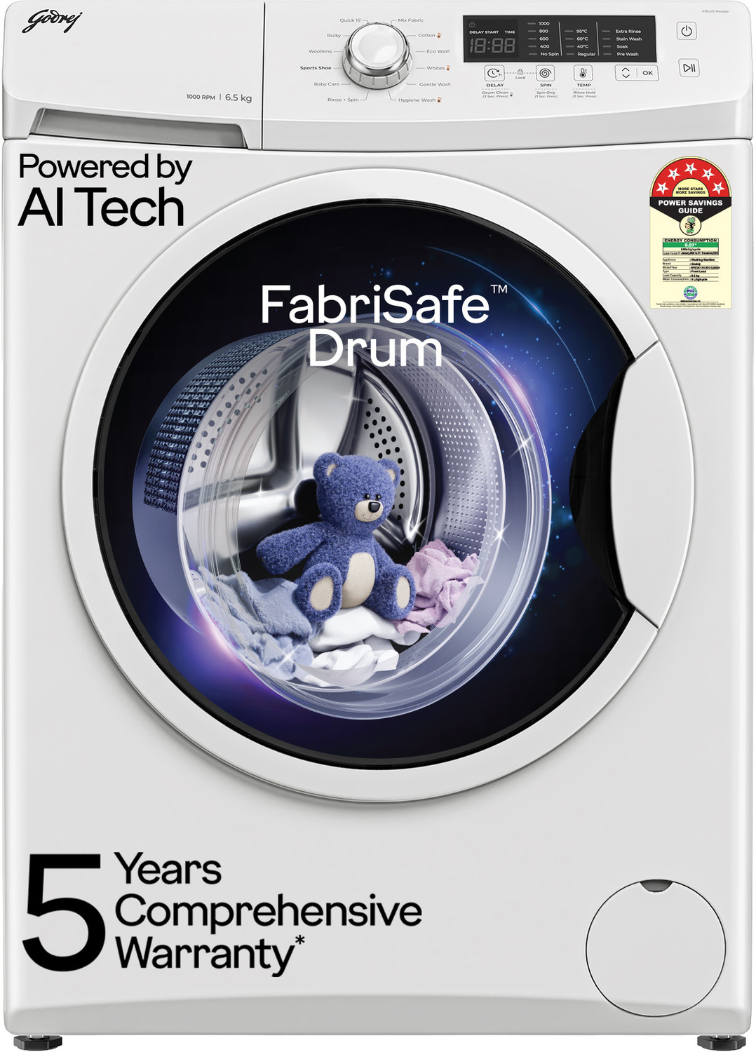 Image of Godrej 6.5 kg AI Powered, FabriSafe Drum, Eco Wash Fully Automatic Front Load Washing Machine White