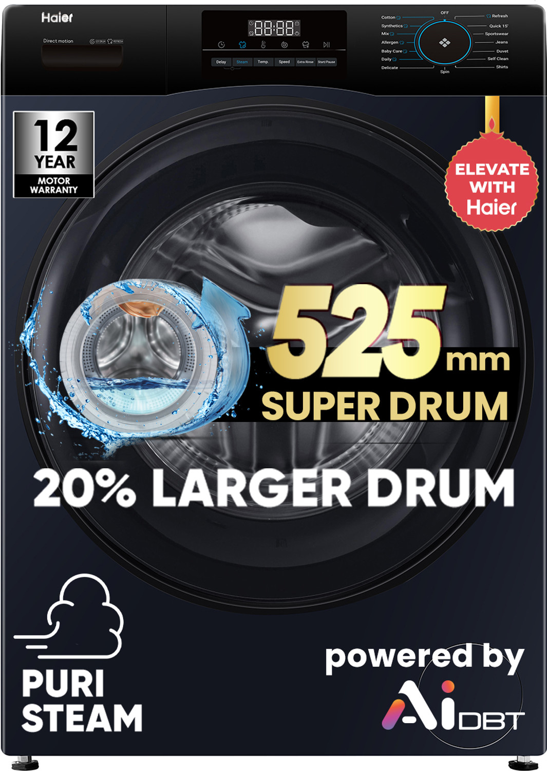 Image of Haier 9 kg 5 Star, AI Smart LIFE+, Vibrant Touch Panel, Fabric Care with Stain Pro Technology, Hygienic Care, ABT, 525 mm Super Drum, Refresh, Direct Motion Motor, WiFi enabled Fully Automatic Front Load with In-built Heater Black (EFL90-DM14IBIEBKU1)