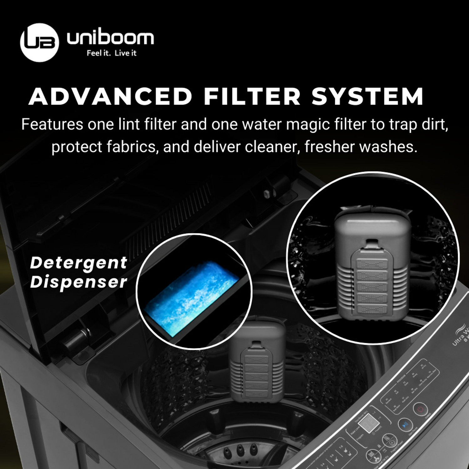 Image of Uniboom 8 kg Ultra Wash | 10 Smart Programs | AI Load Balancer | HD Motor | Detergent Dispenser Fully Automatic Top Load Washing Machine Black
