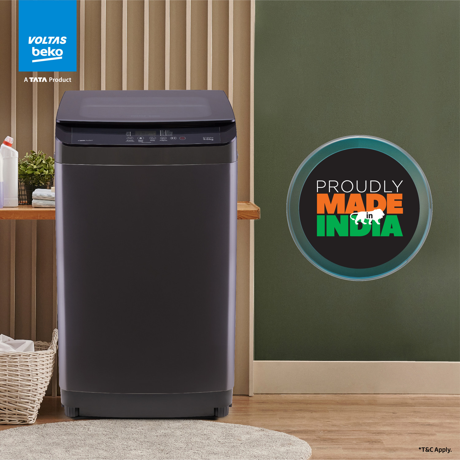 Image of Voltas Beko by A Tata Product 9 kg with Double waterfall, Multiple Wash Program, Waterproof IPX4 panel and Monsoon Dry option Fully Automatic Top Load Washing Machine Black, Grey
