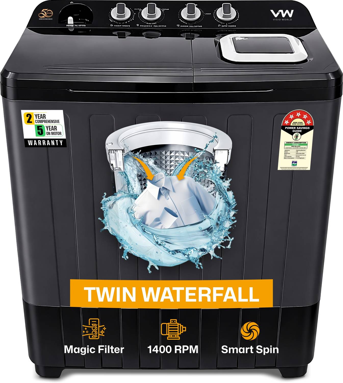 VW 10.5 kg Semi Automatic Top Load Black (HydroMax0010P)