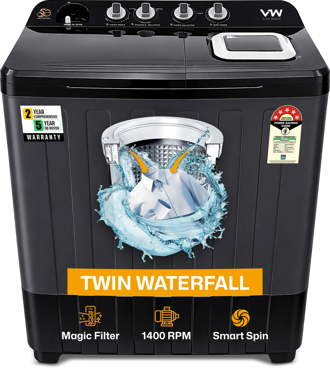 Image of VW 10.5 kg Semi Automatic Top Load Washing Machine Black