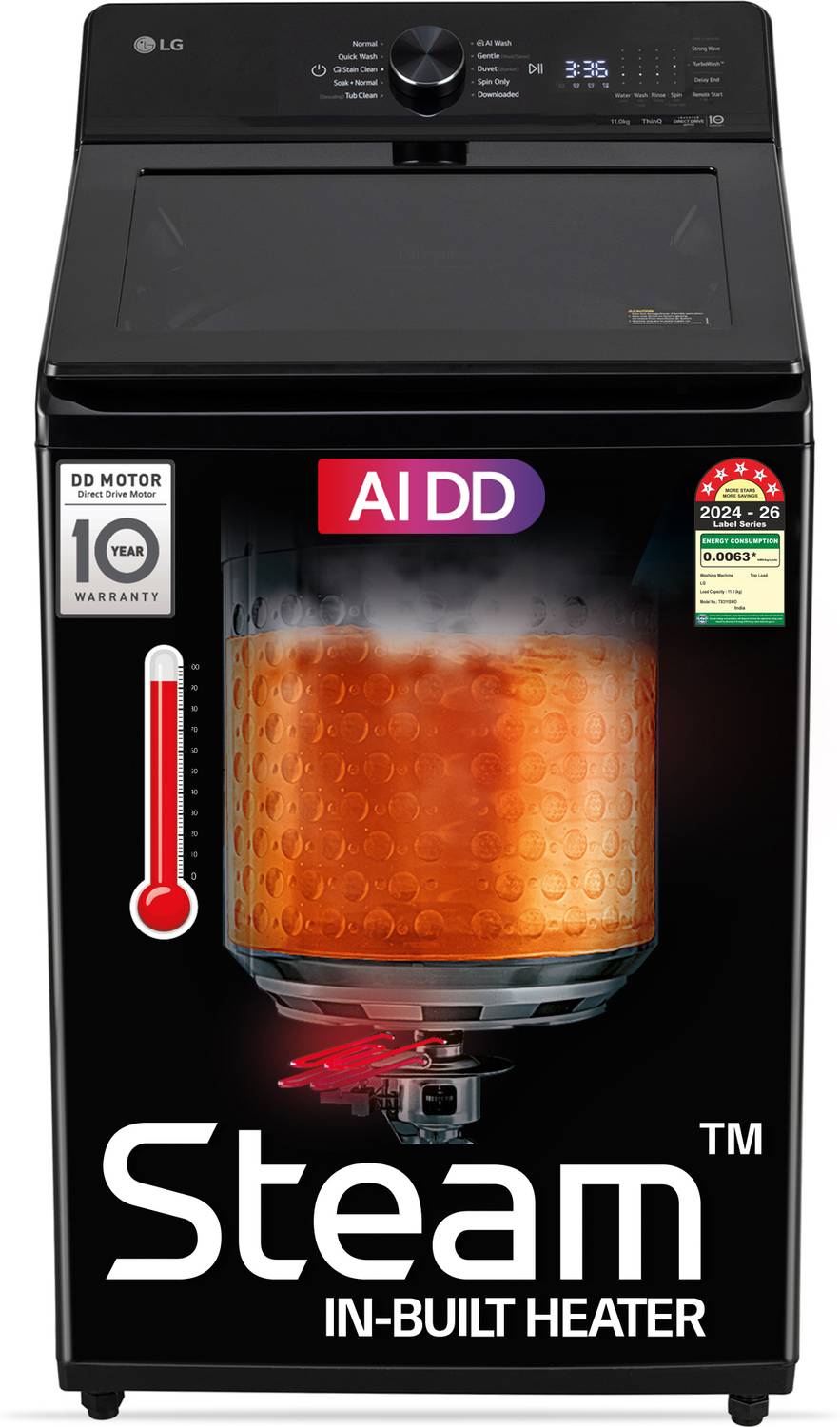 LG 11 kg Fully Automatic Top Load Washing Machine with In-built Heater Black