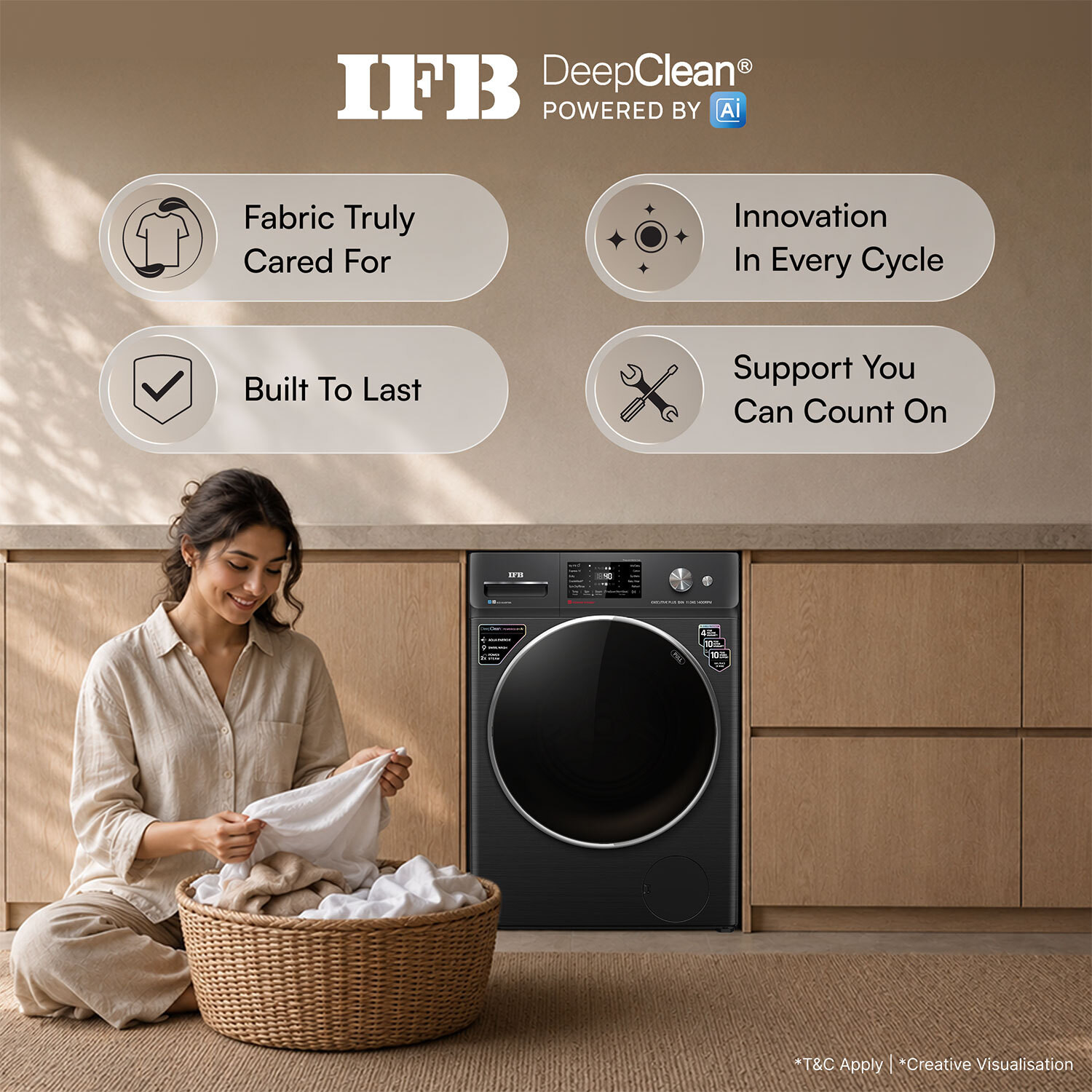 Image of IFB 11 kg with 9 Swirl Wash, 2x Power Steam, Steam Refresh Program, Eco Inverter Motor, WiFi Enabled, DeepClean Powered by Ai Fully Automatic Front Load Washing Machine with In-built Heater Black