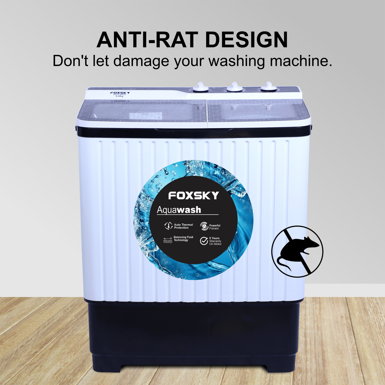 Image of FOXSKY 8 kg Semi Automatic Top Load Washing Machine White, Black