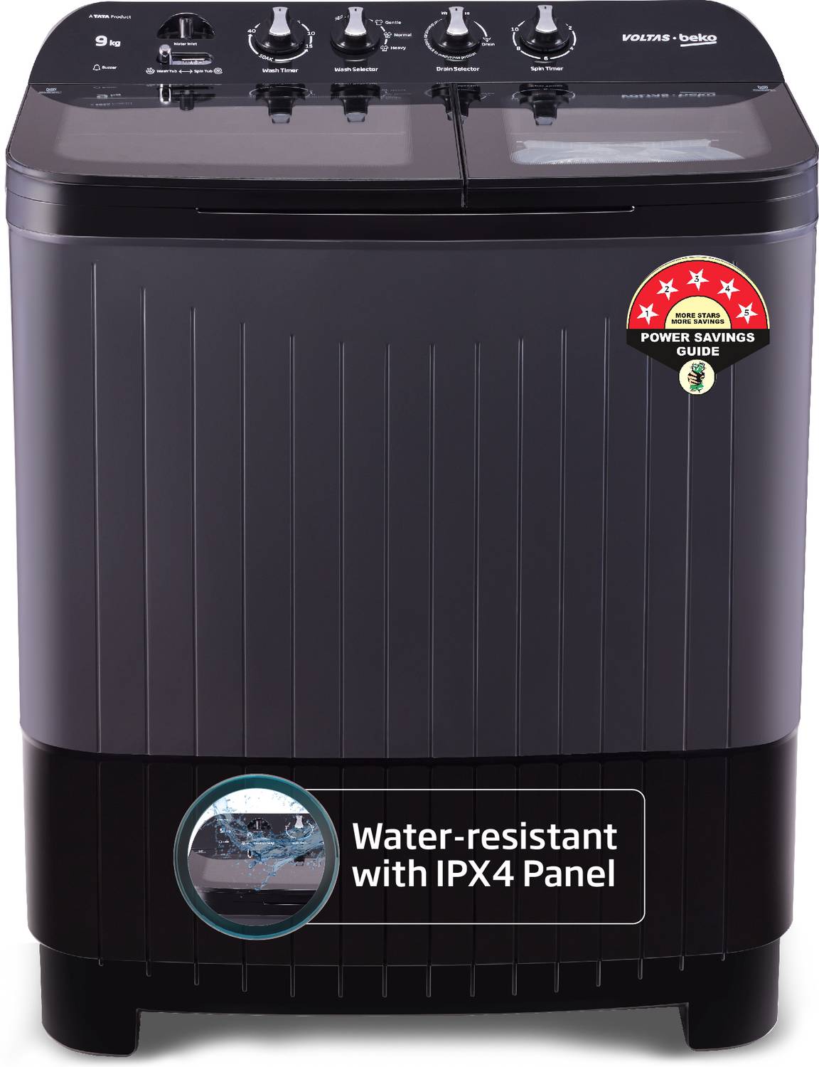 Voltas Beko by A Tata Product 9 kg washing machine with Soft Closing door, Water proof IPX4 protection, Special Pulsator and Double Waterfall Semi Automatic Top Load Black, Grey price history chart and lowest price