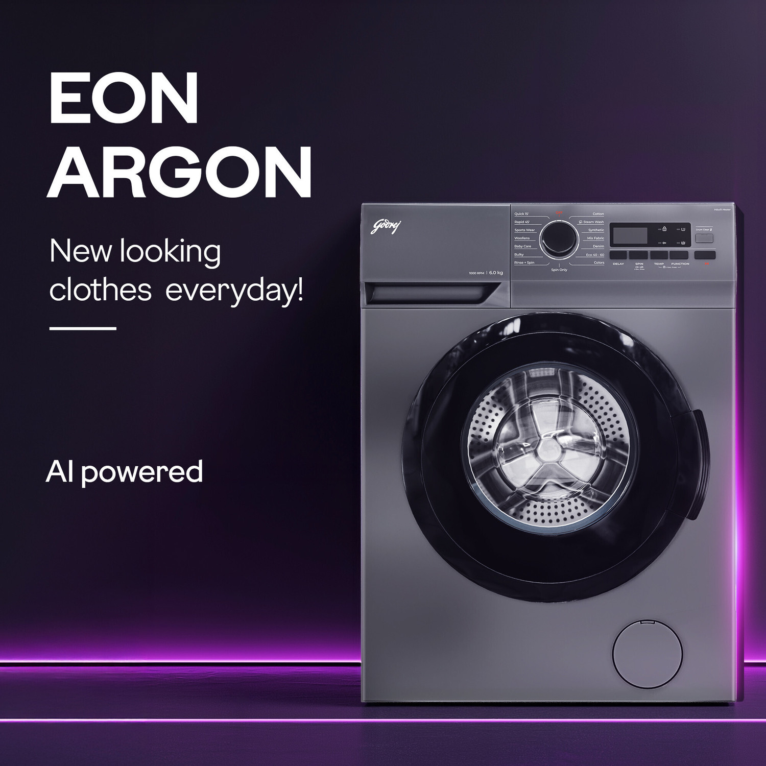 Image of Godrej 6 kg 5 Star, AI Tech, Steam Wash Fully Automatic Front Load Washing Machine with In-built Heater Grey