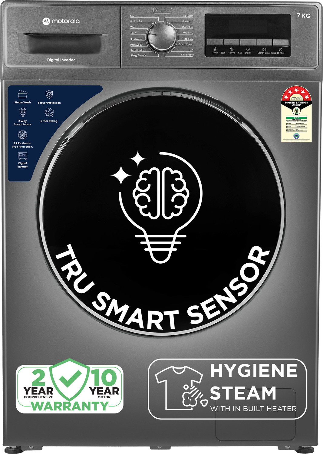 Image of MOTOROLA 7 kg Fully Automatic Front Load Washing Machine with In-built Heater Grey