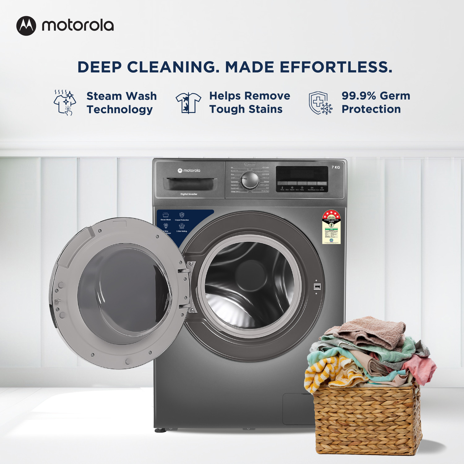 Image of MOTOROLA 7 kg Fully Automatic Front Load Washing Machine with In-built Heater Grey