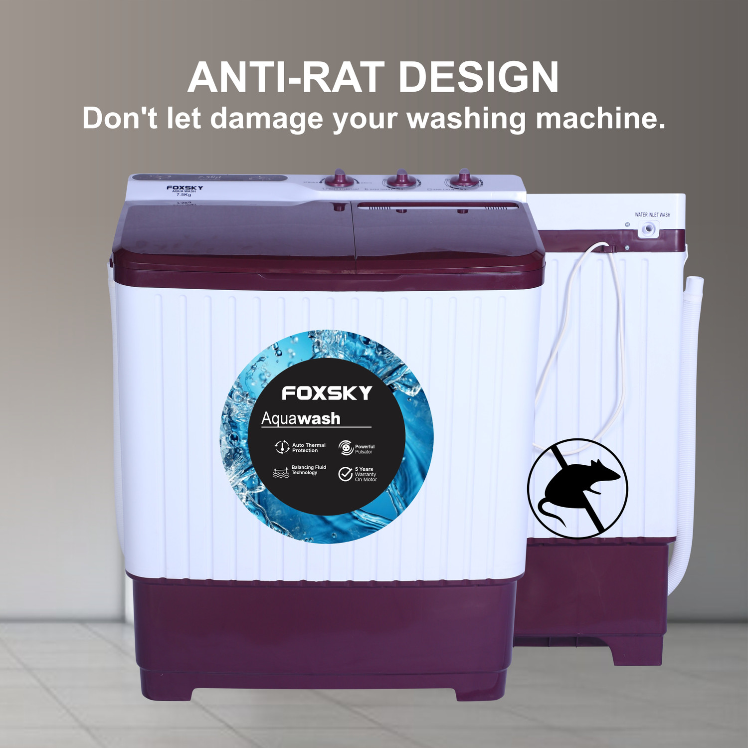 Image of FOXSKY 7.5 kg Semi Automatic Top Load Washing Machine White, Maroon