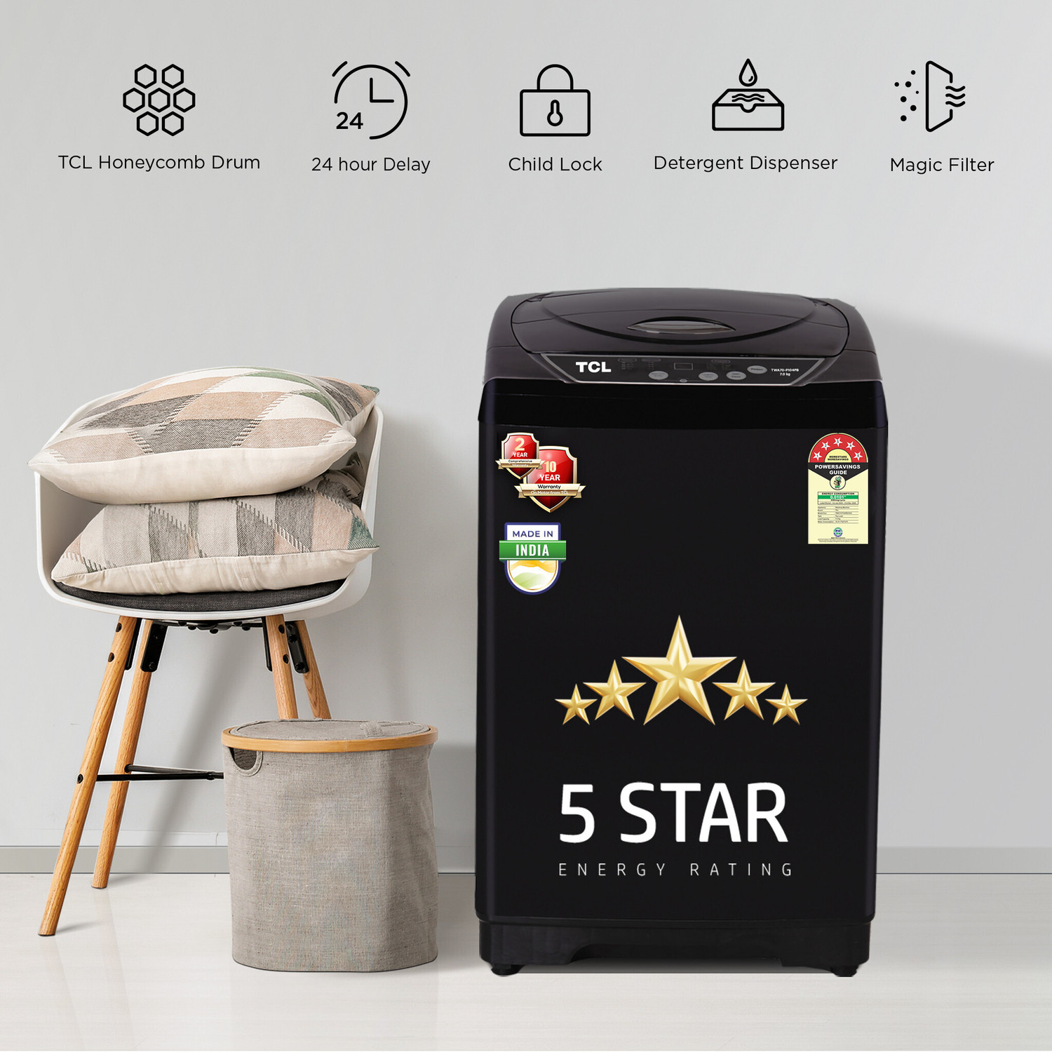 Image of TCL 7 kg 5 Star with 10 Wash Program and Detergent Dispenser, Child Lock with Magic Filter Fully Automatic Top Load Washing Machine Black
