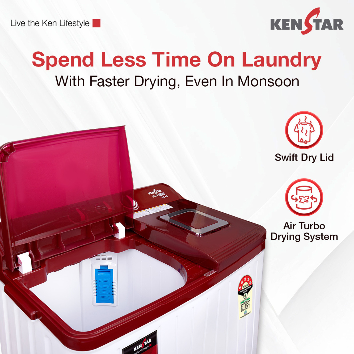 Image of Kenstar 8.5 Kg Swift Dry Lid Semi Automatic Top Load Washing Machine White, Red