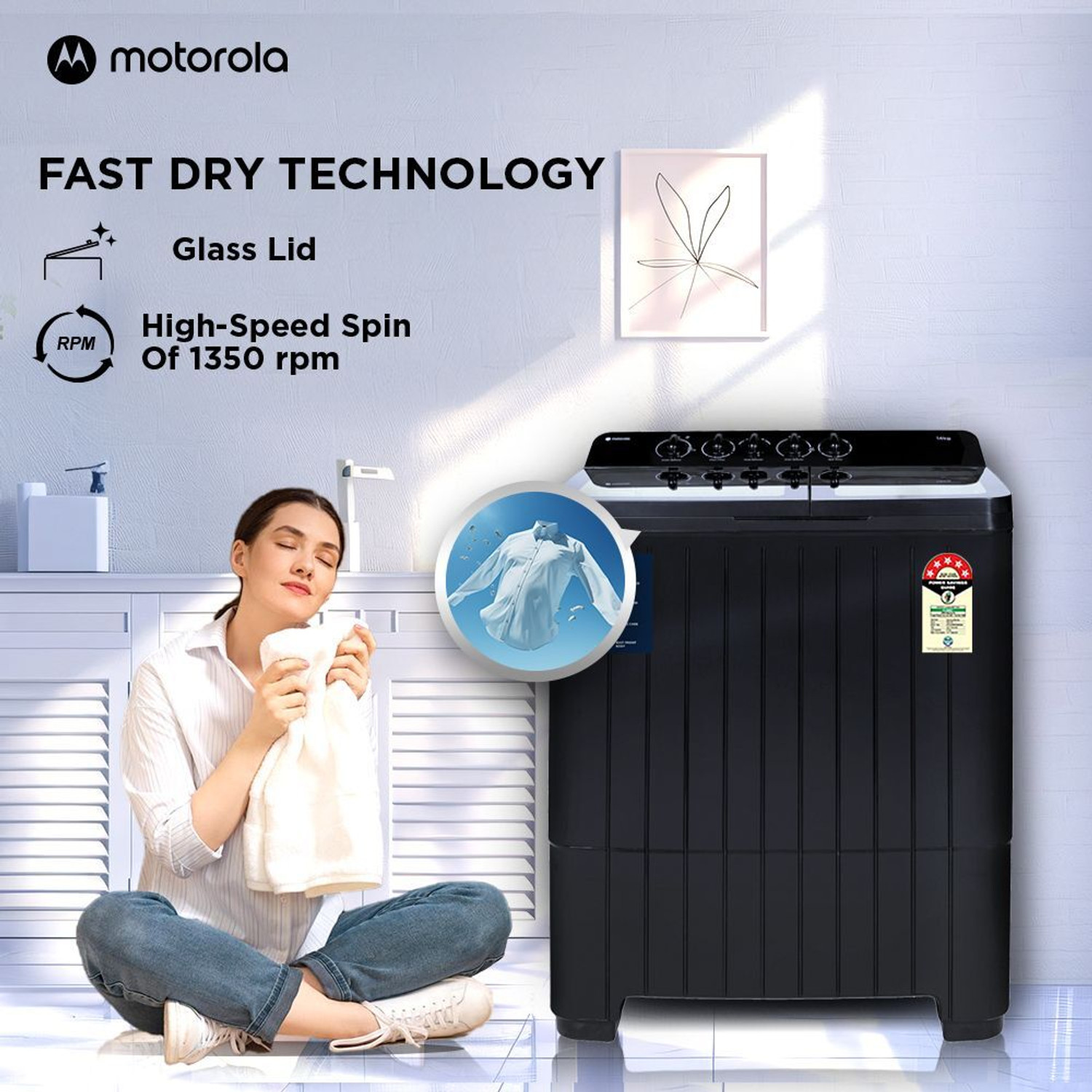 Image of MOTOROLA 14 kg 5 star rating Midnight Series Soft closing Glass lid Semi Automatic Top Load Washing Machine Black