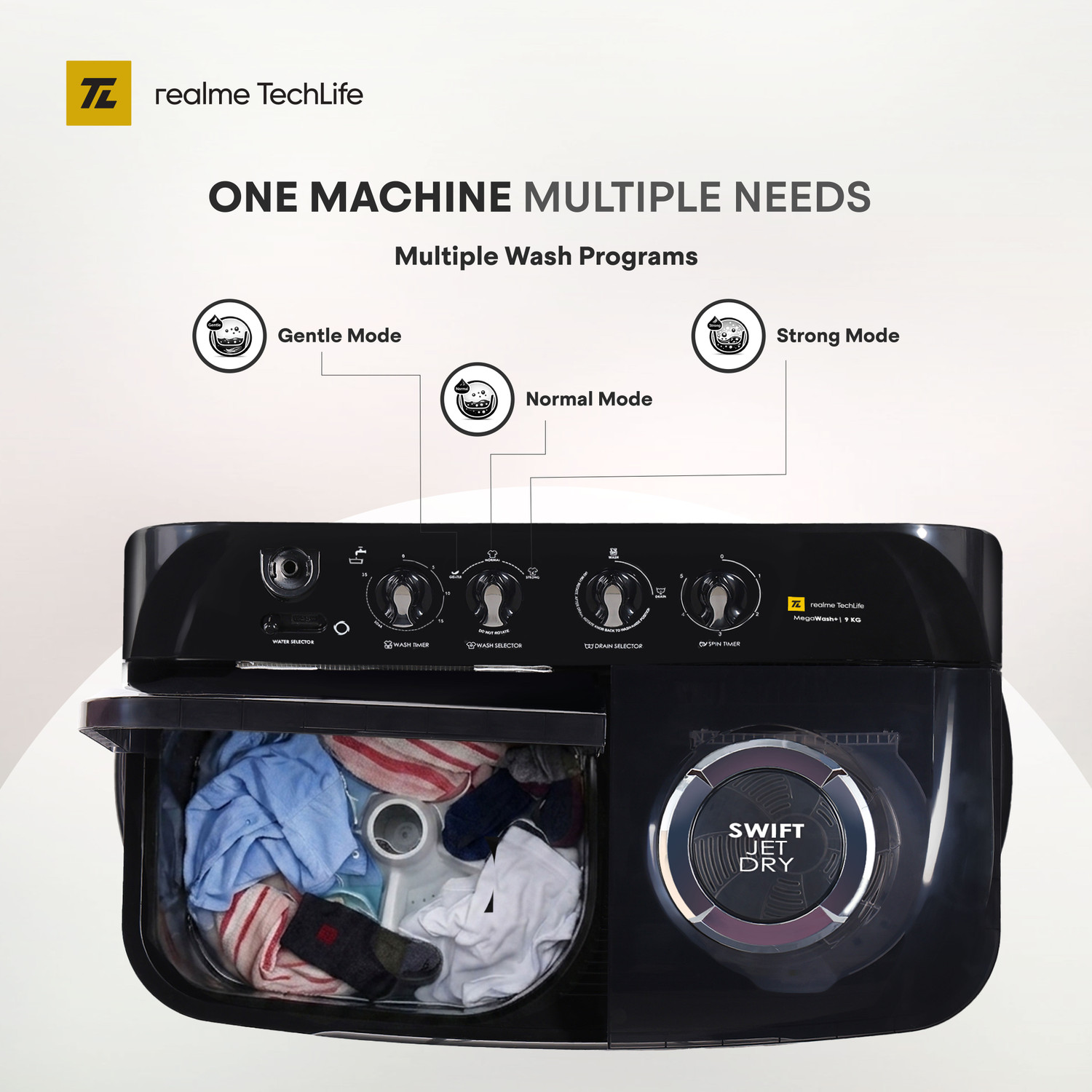 Image of realme TechLife 9 kg Semi Automatic Top Load Washing Machine Black, Grey