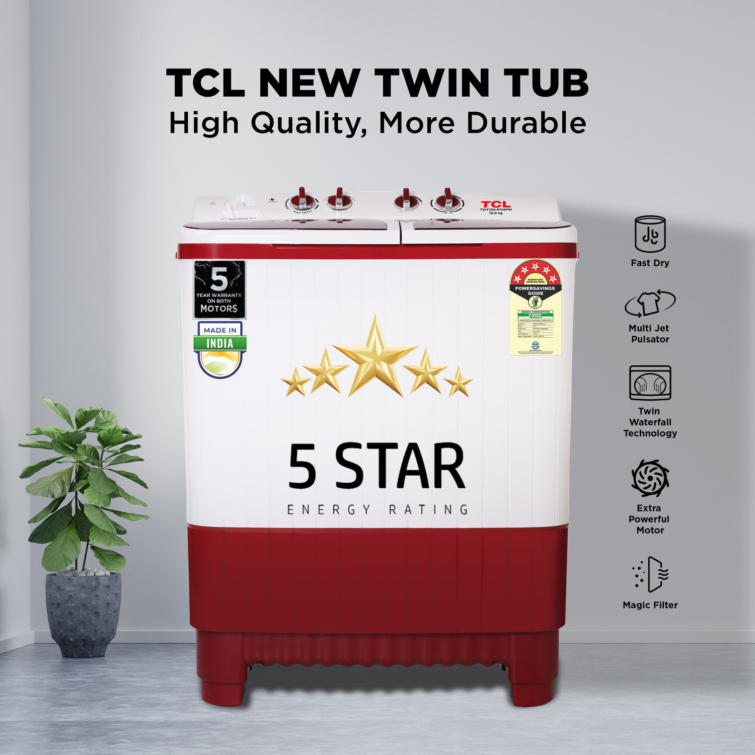 Image of TCL 10 kg 5 Star with Extra Powerful Motor, Magic Filter and Fast Dry Semi Automatic Top Load Washing Machine Red