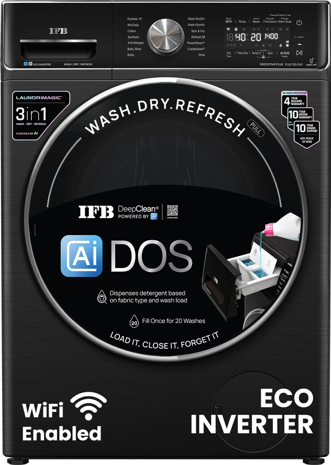 Image of IFB 11 /7 kg Washer with Dryer AI DOS - Auto Detergent Dispensing, Oxyjet Technology, 30 min Steam Refresh Program, 100% Dry Ready-to-Wear Clothes, Eco Inverter Motor, 9 Swirl Wash Mimic Handwashing, Fully Automatic with Hot Water Wash, WiFi Connectivity with In-built Heater Black