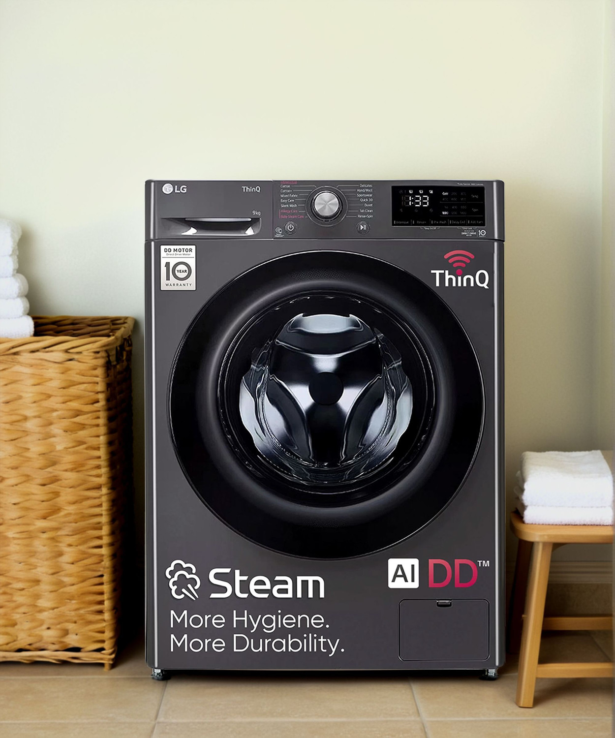 Image of LG 9 kg 5 Star with AI Direct Drive, 6 Motion, Inverter Direct Drive, Steam and Wi-Fi Enabled Fully Automatic Front Load Washing Machine with In-built Heater Black